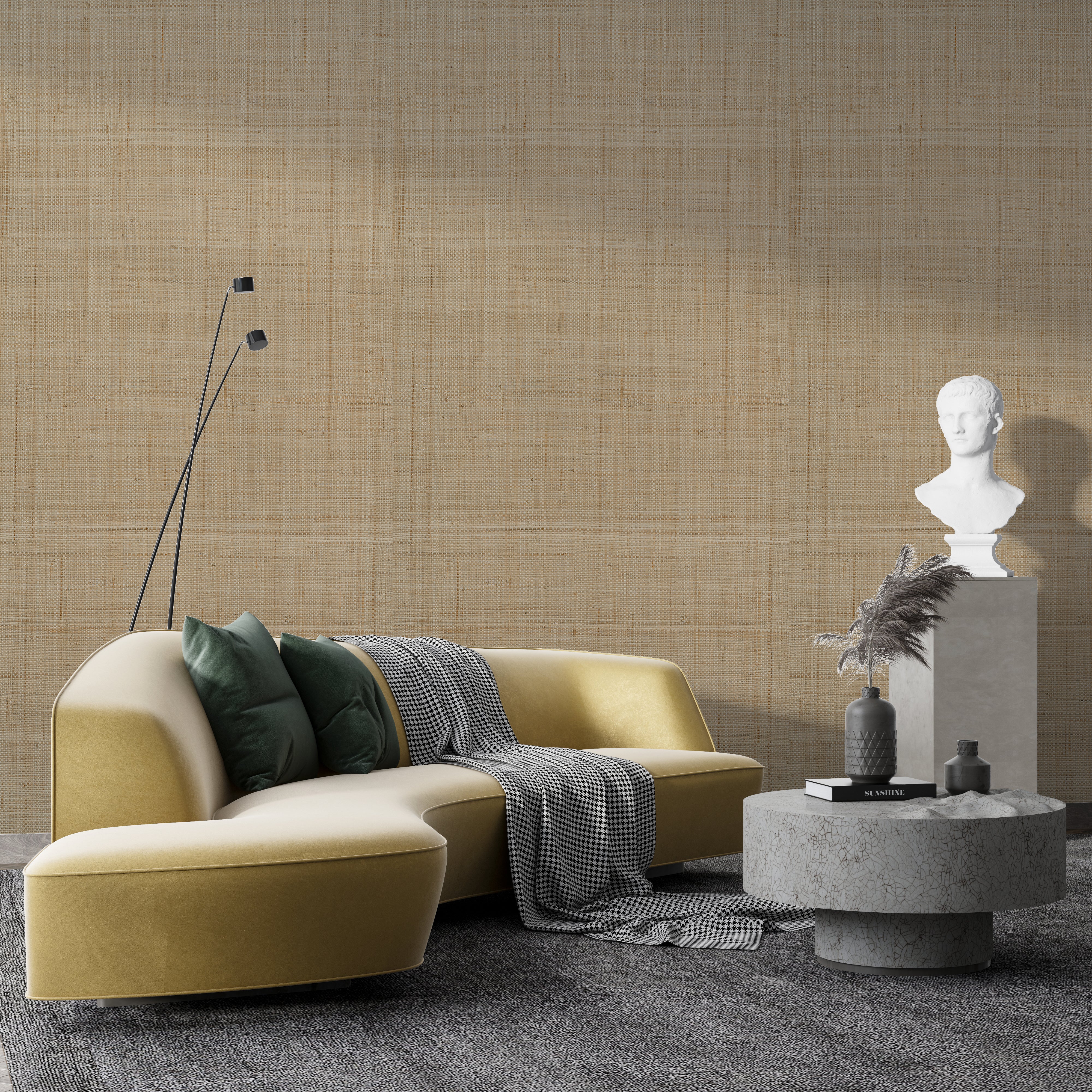 Bare Whisper textured grasscloth wallcovering styled in a modern interior