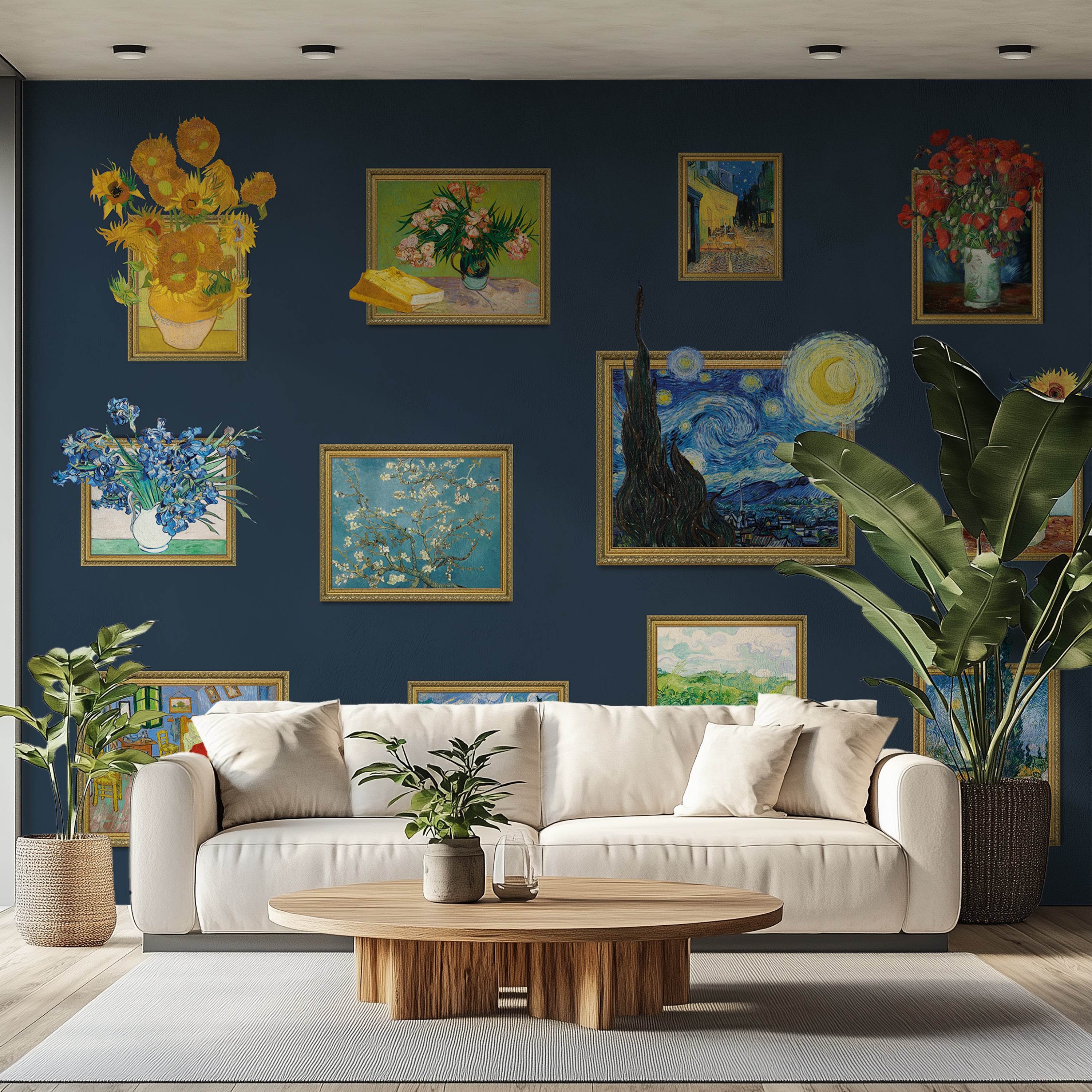 Living room with a blue wall featuring Van Gogh paintings and a white sofa.