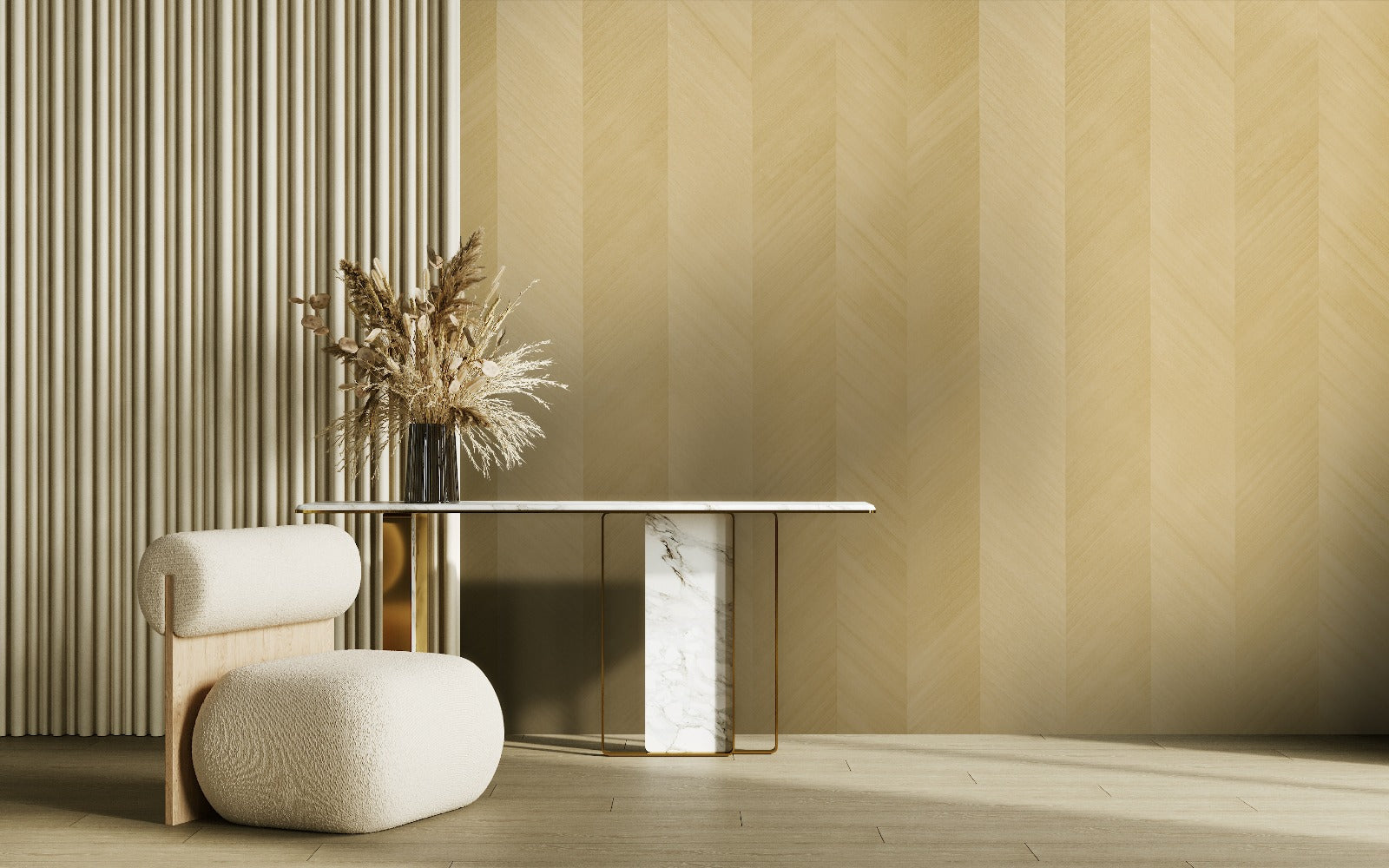 Chevron Charm wood-effect wall panel styled in a modern interior