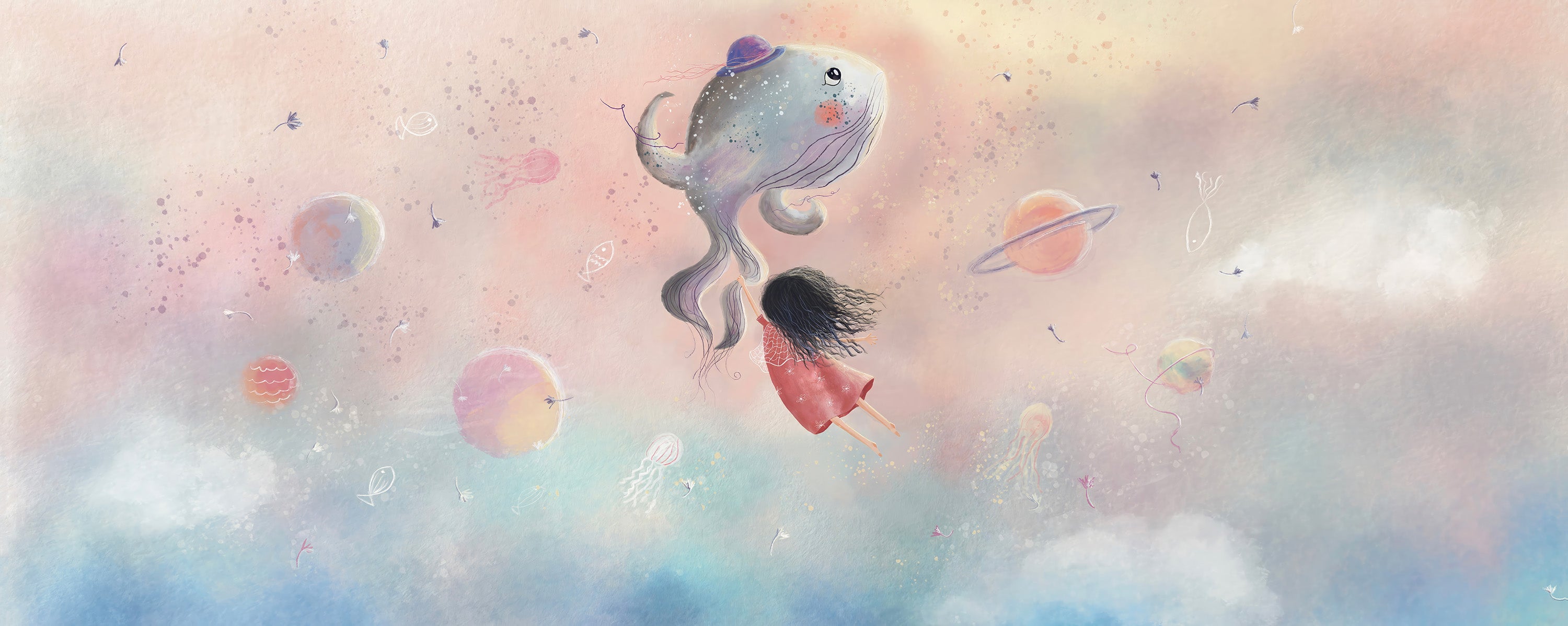Illustration of a girl flying on a cloud with a fish-like creature, set against a pastel sky.