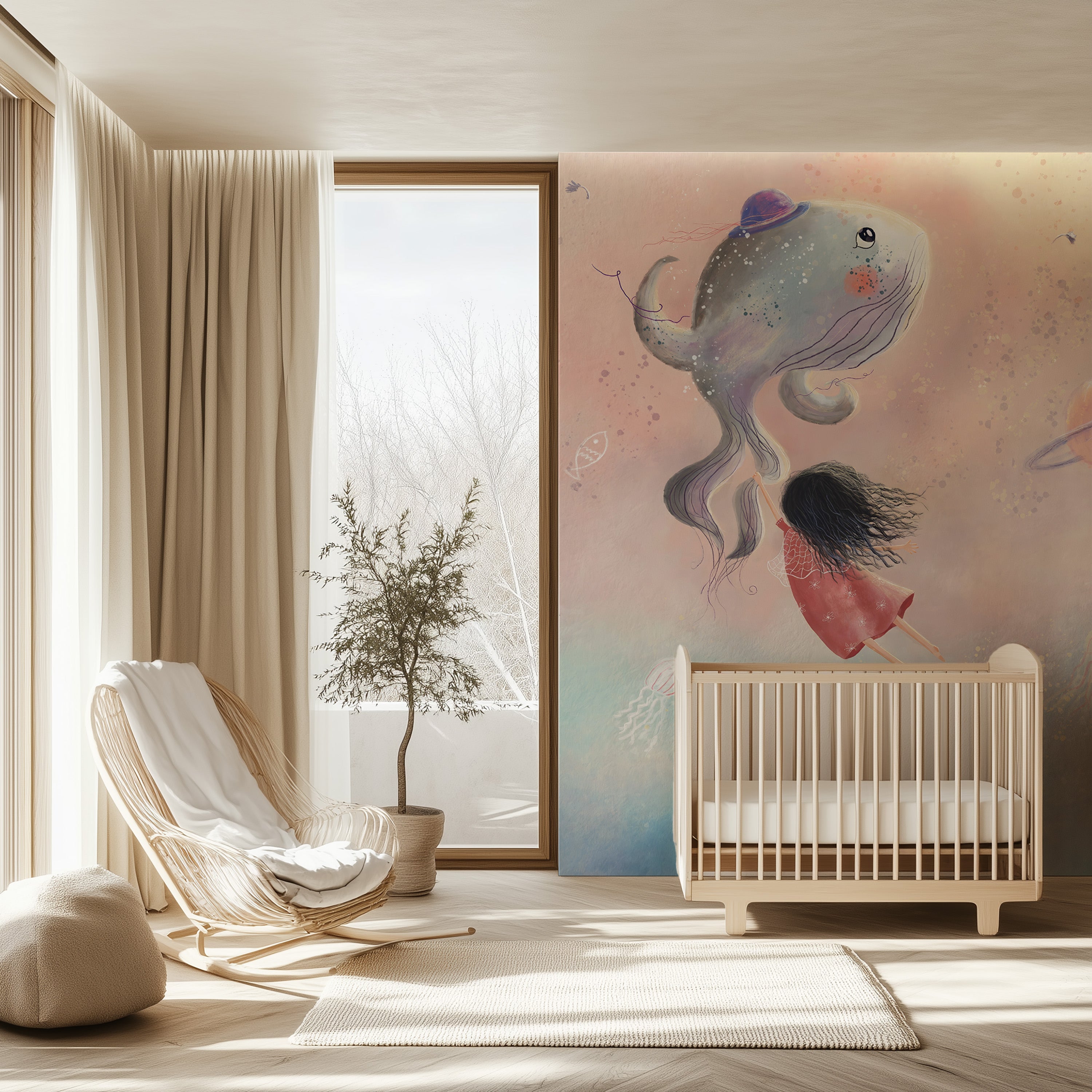 Nursery room with a crib, chair, and decorative wall mural.