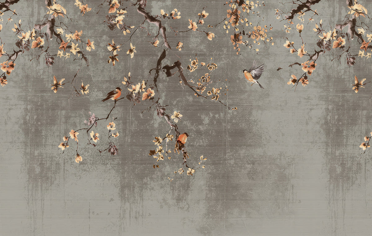 A textured gray wall mural or wallpaper featuring a traditional Chinese-style watercolor painting of birds perched on flowering branches with warm beige and orange blossoms.