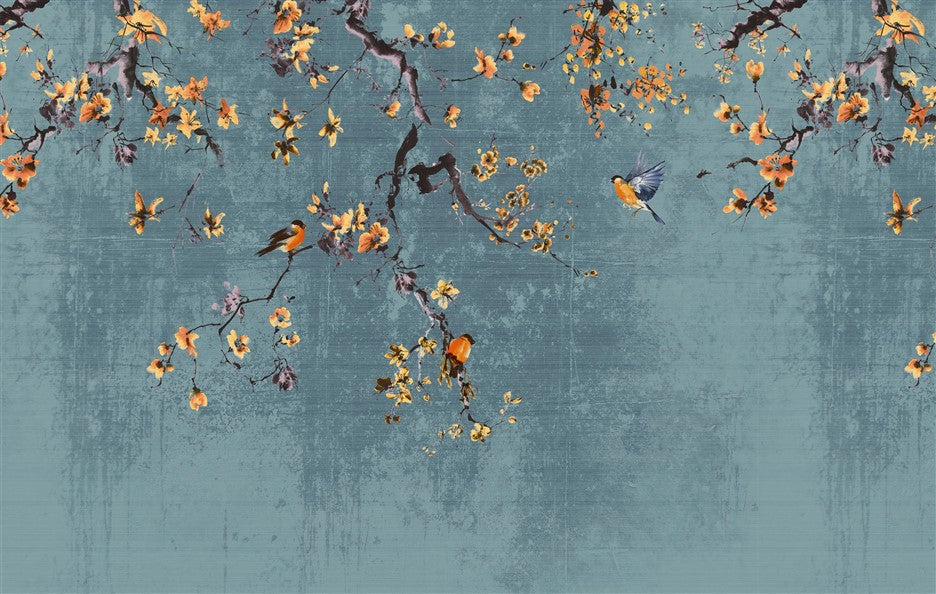 Decorative wallpaper with floral branches and birds on a textured blue background