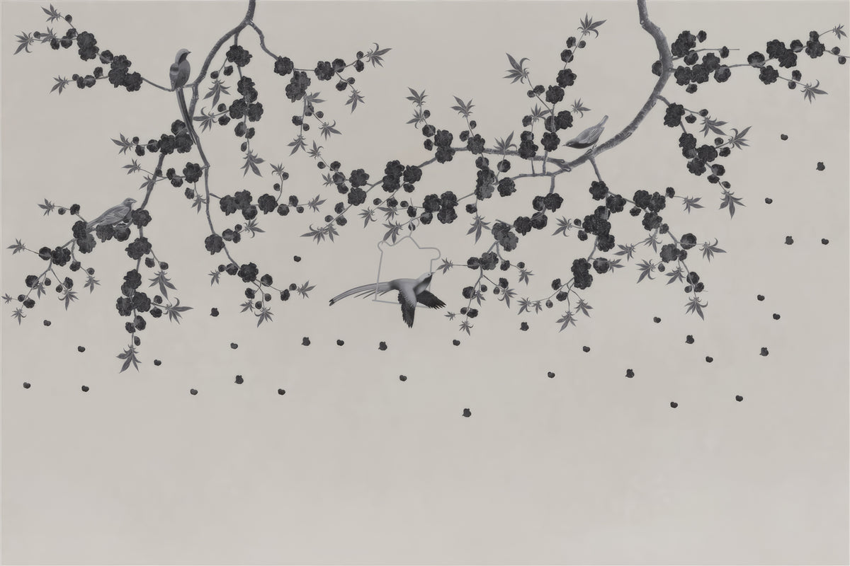 Ink painting of birds perched on branches with leaves and berries on a light gray background