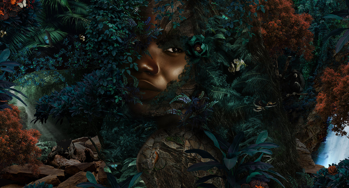 A surreal digital artwork of a woman's face emerging from dense tropical jungle foliage, with trees, plants, rocks, and a waterfall in a dark, moody composition.