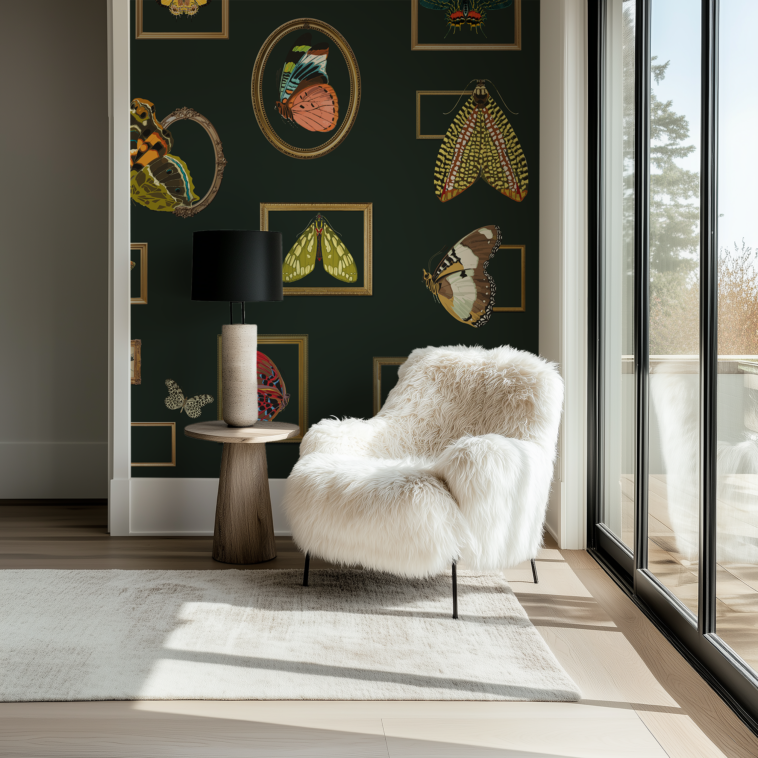 Modern living room with a white fur chair, dark green wall with butterfly art, and large window.