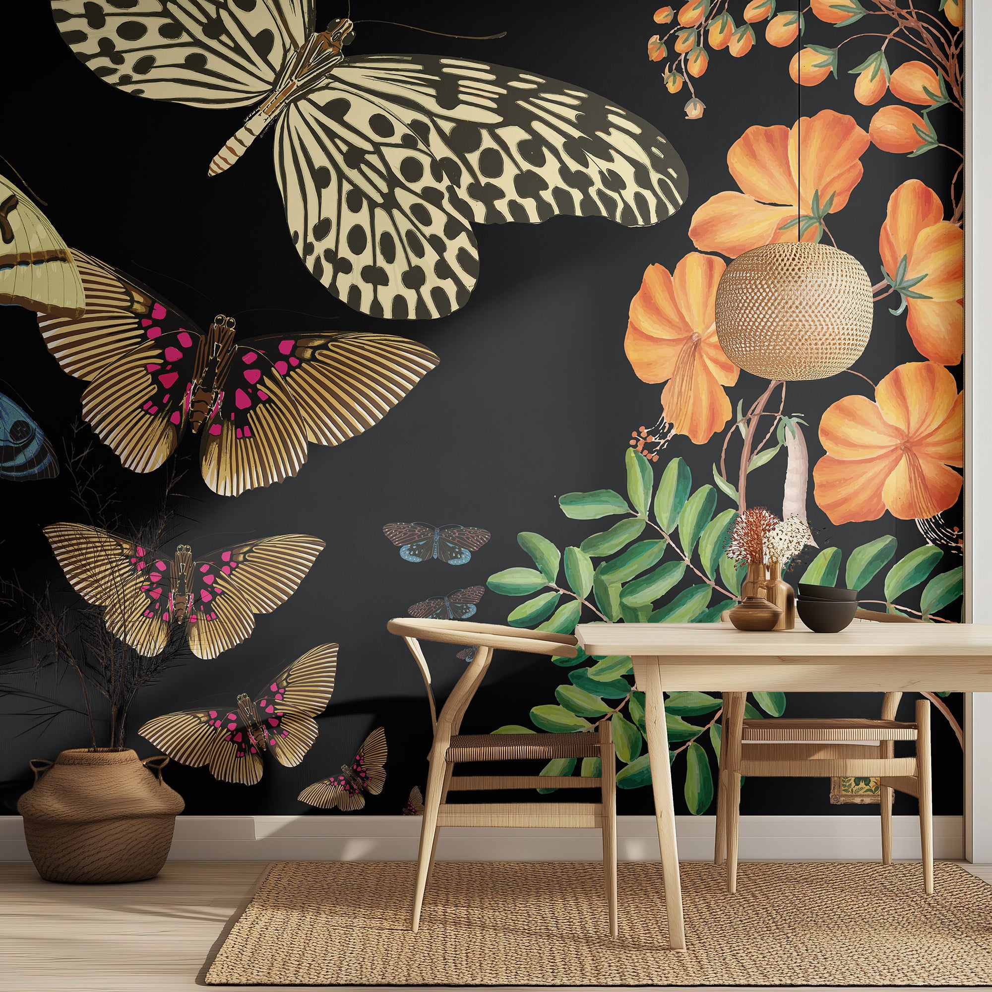 Dining room with butterfly and floral wallpaper, wooden table, and chairs.