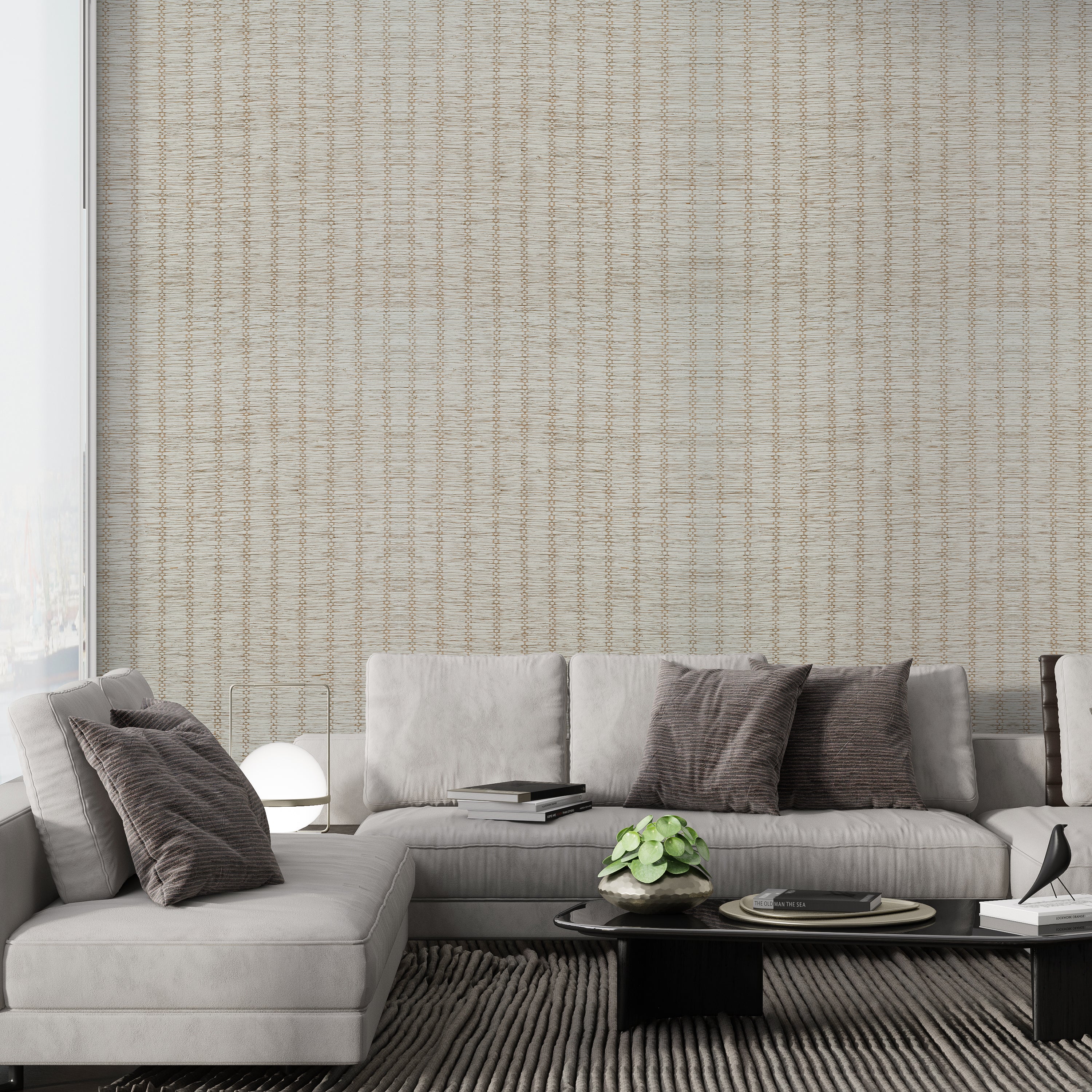 Reed Column textured grasscloth wallcovering styled in a modern interior