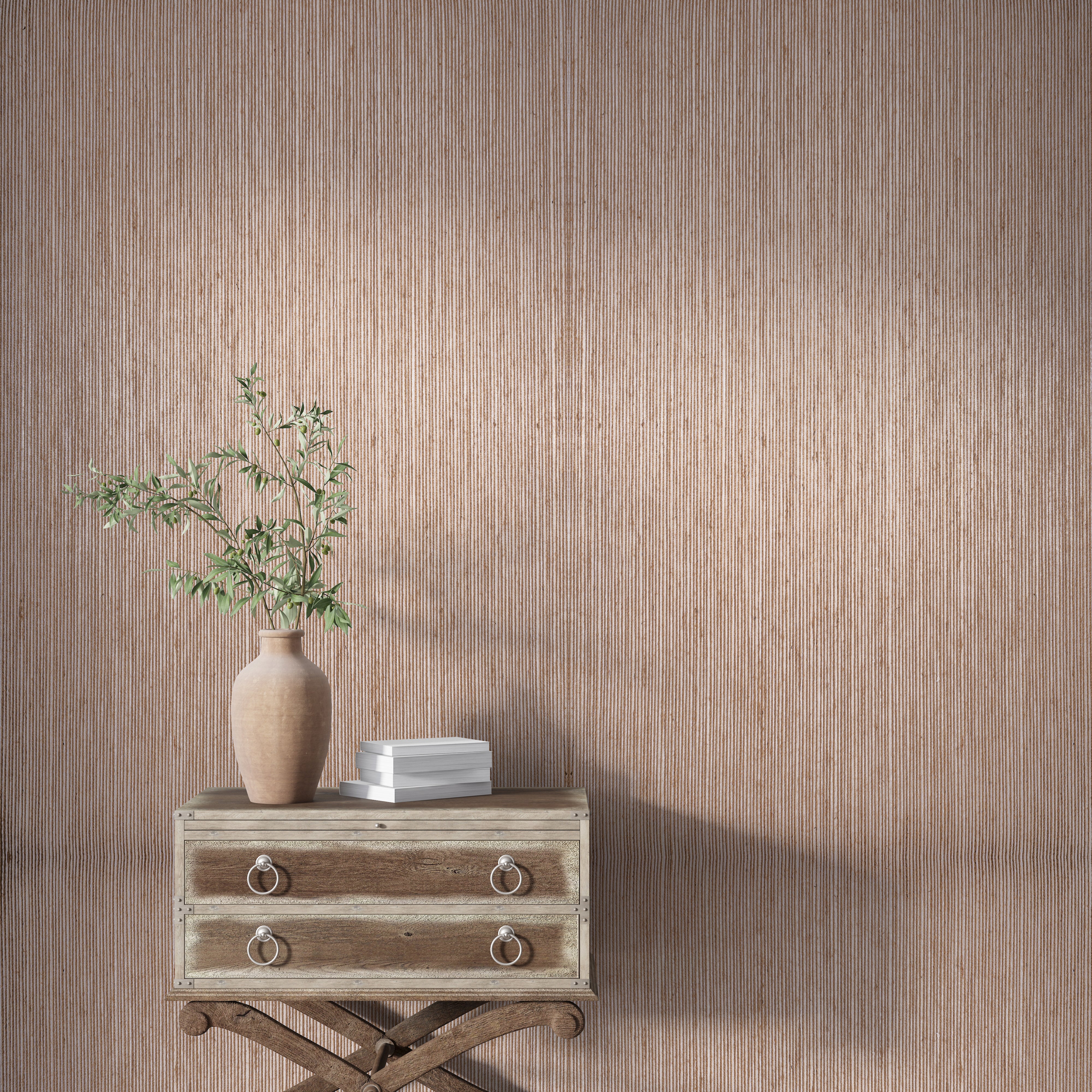 Zen Vertical textured grasscloth wallcovering styled in a modern interior