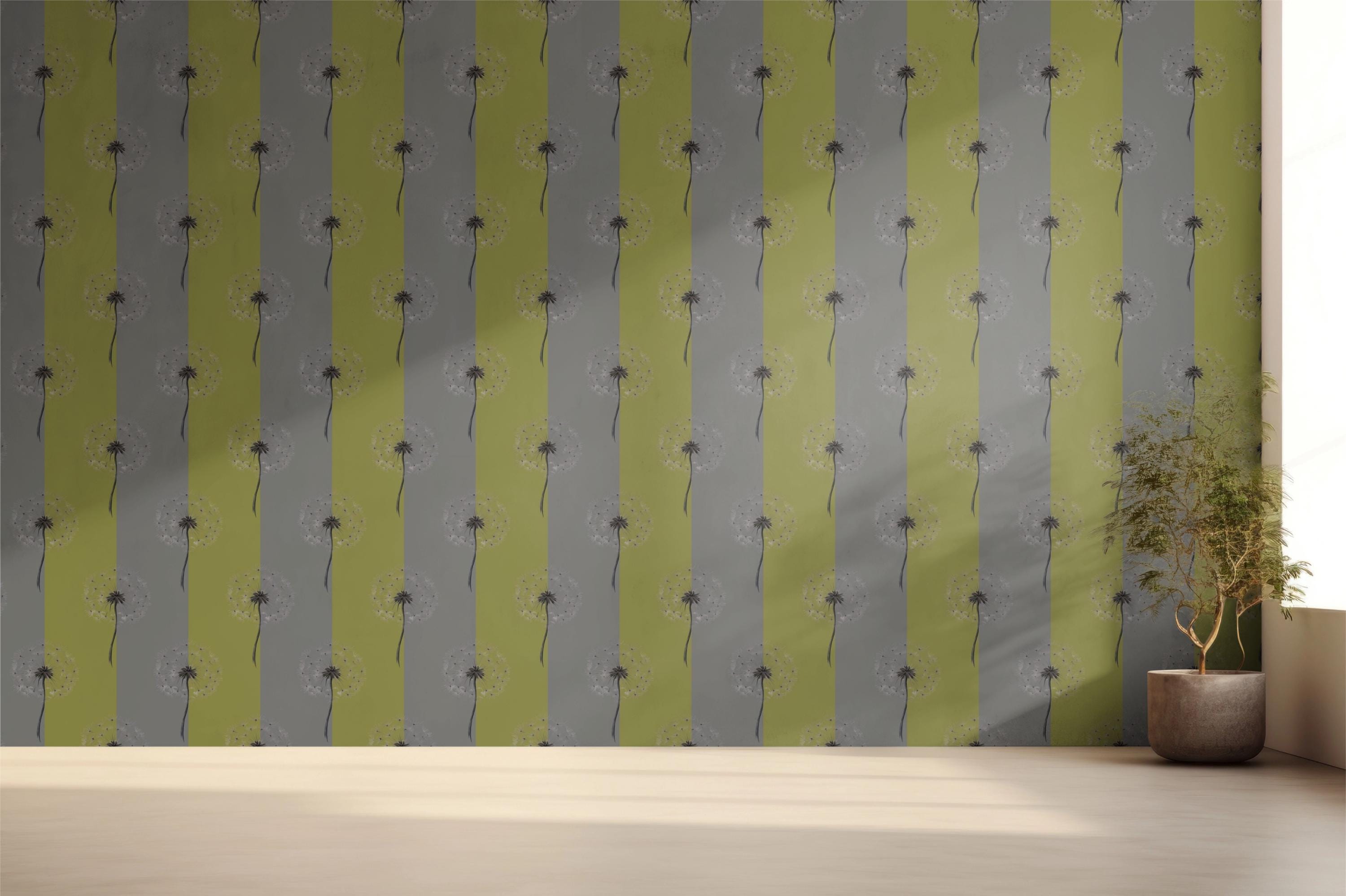 Dandelion Reverie - Olive Meadow botanical wallpaper – in a contemporary room setting