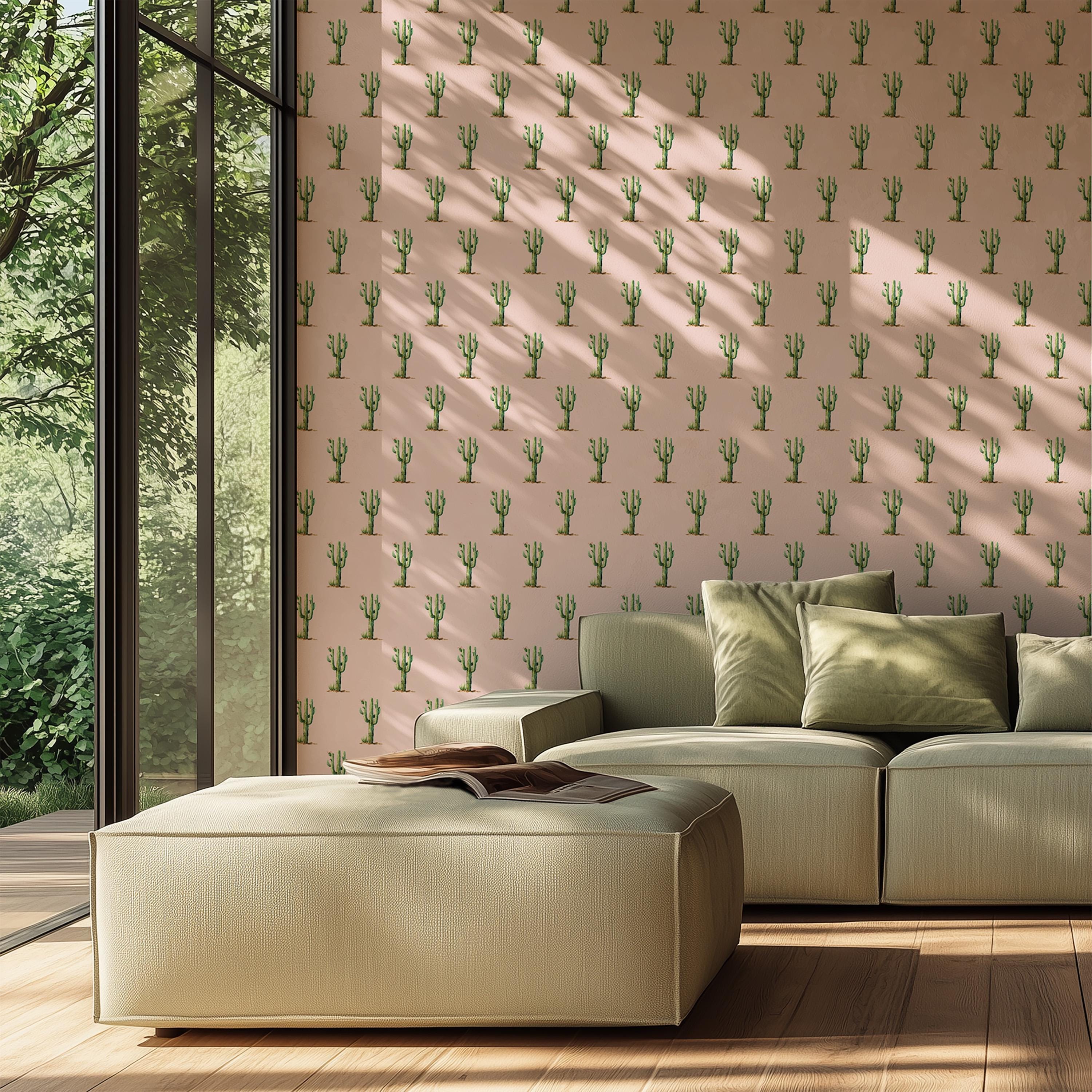 Cactus Garden botanical wallpaper styled in a modern interior