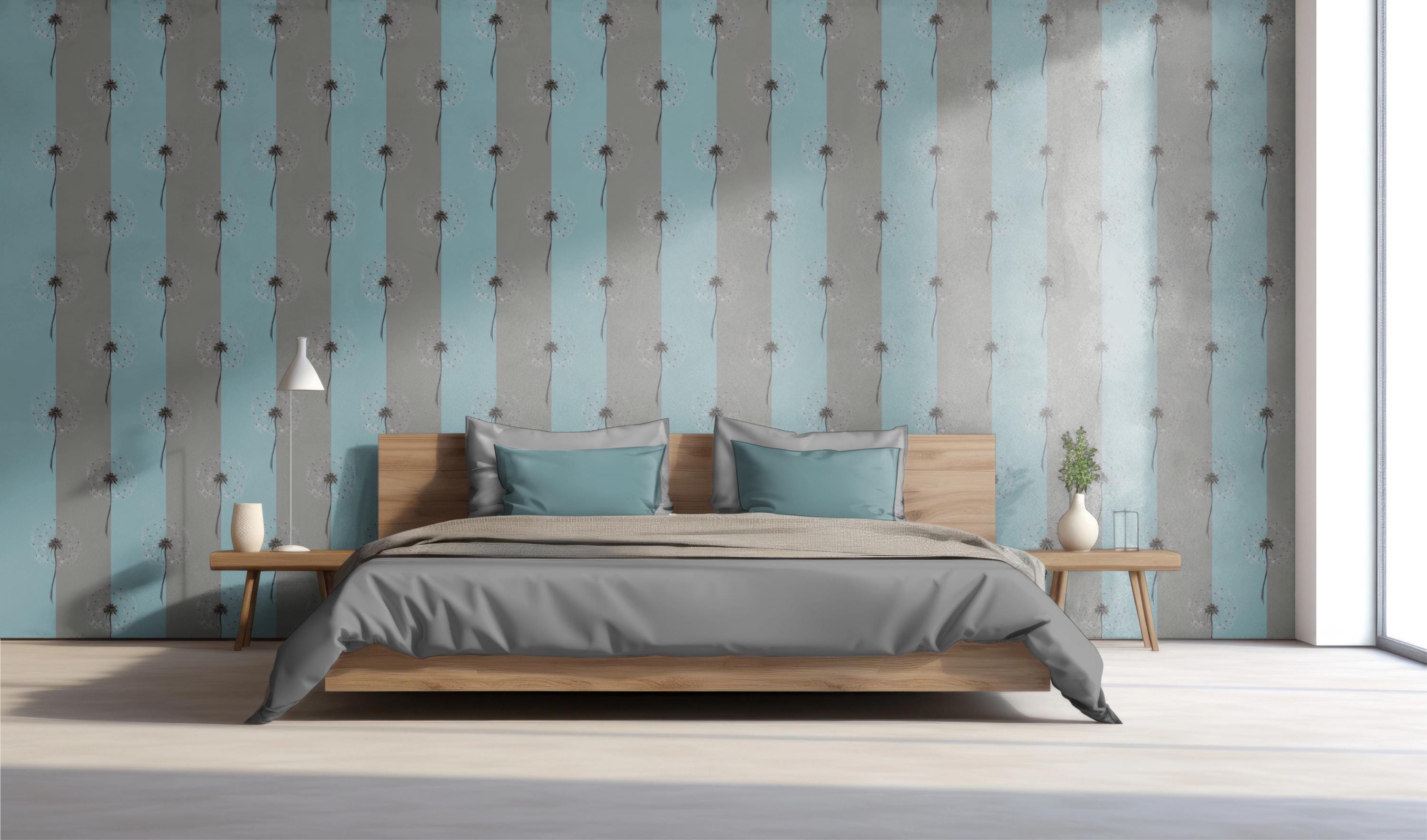 Dandelion Reverie - Mist Blue botanical wallpaper styled in a modern interior