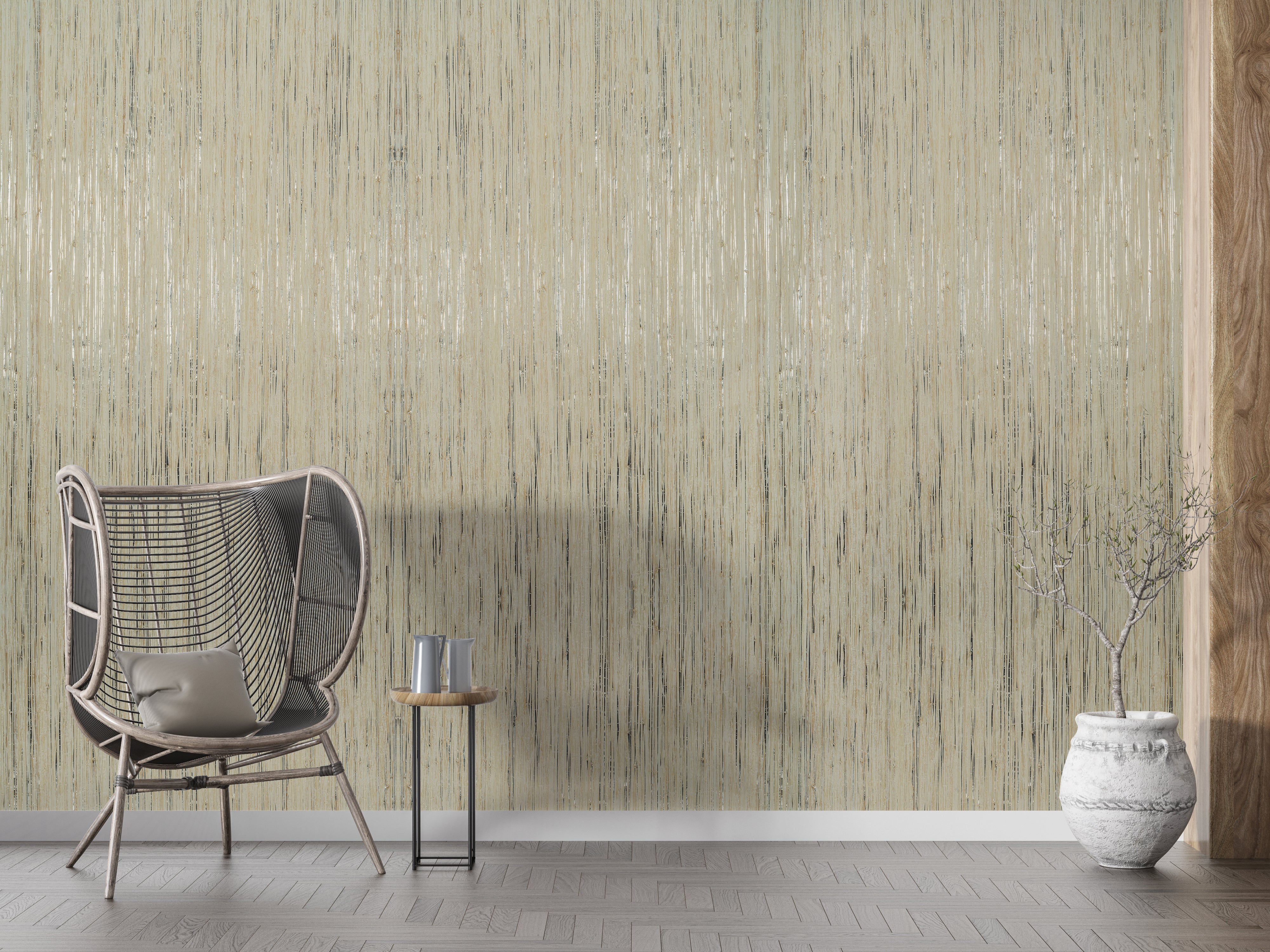 Bamboo Silk textured grasscloth wallcovering styled in a modern interior