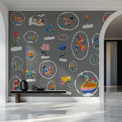Decorative wall with colorful animal and plant illustrations on a gray background