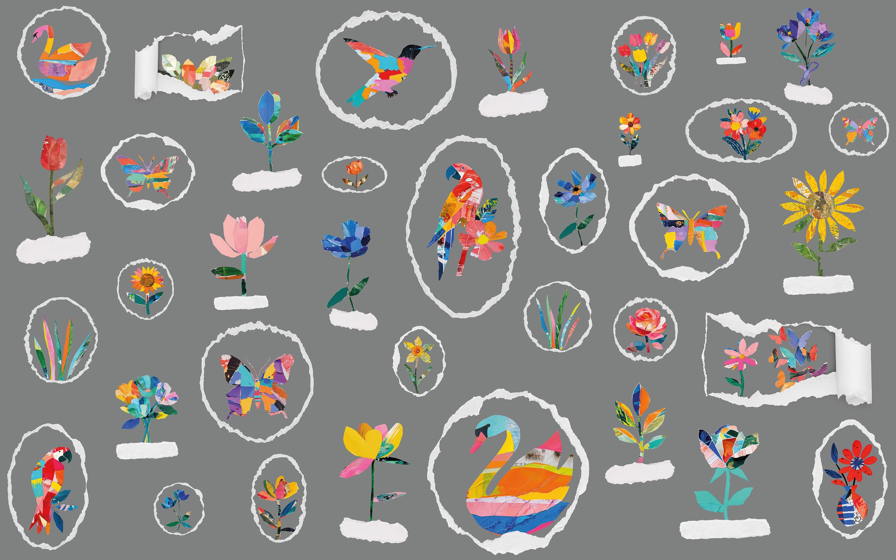 Colorful illustrations of flowers, birds, and swans on a gray background