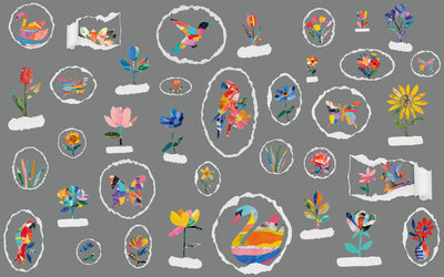 Colorful illustrations of flowers, birds, and swans on a gray background