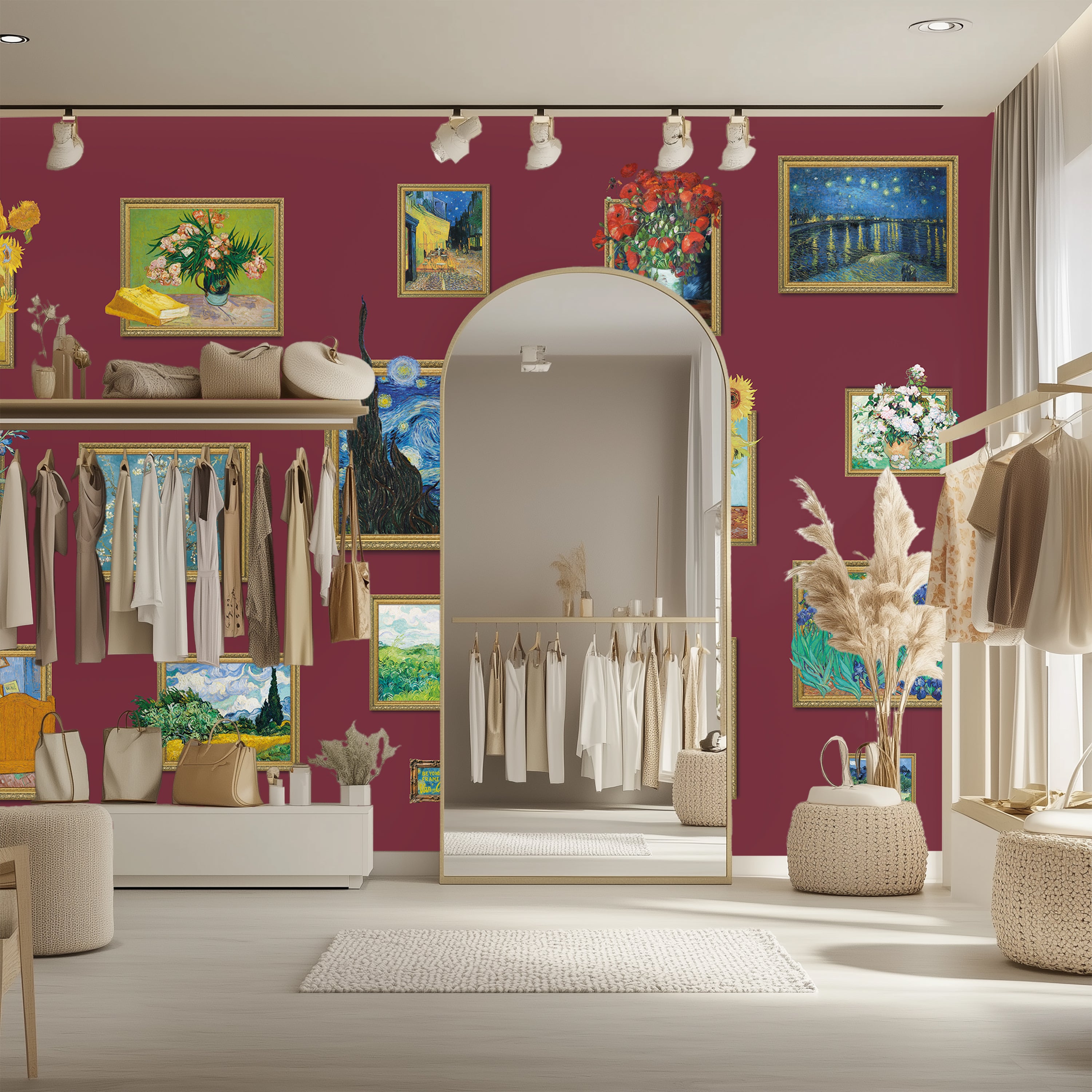 Modern interior design with clothing racks, mirrors, and colorful wall art.