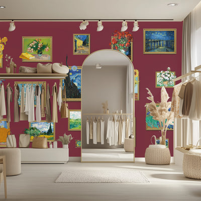 Modern interior design with clothing racks, mirrors, and colorful wall art.