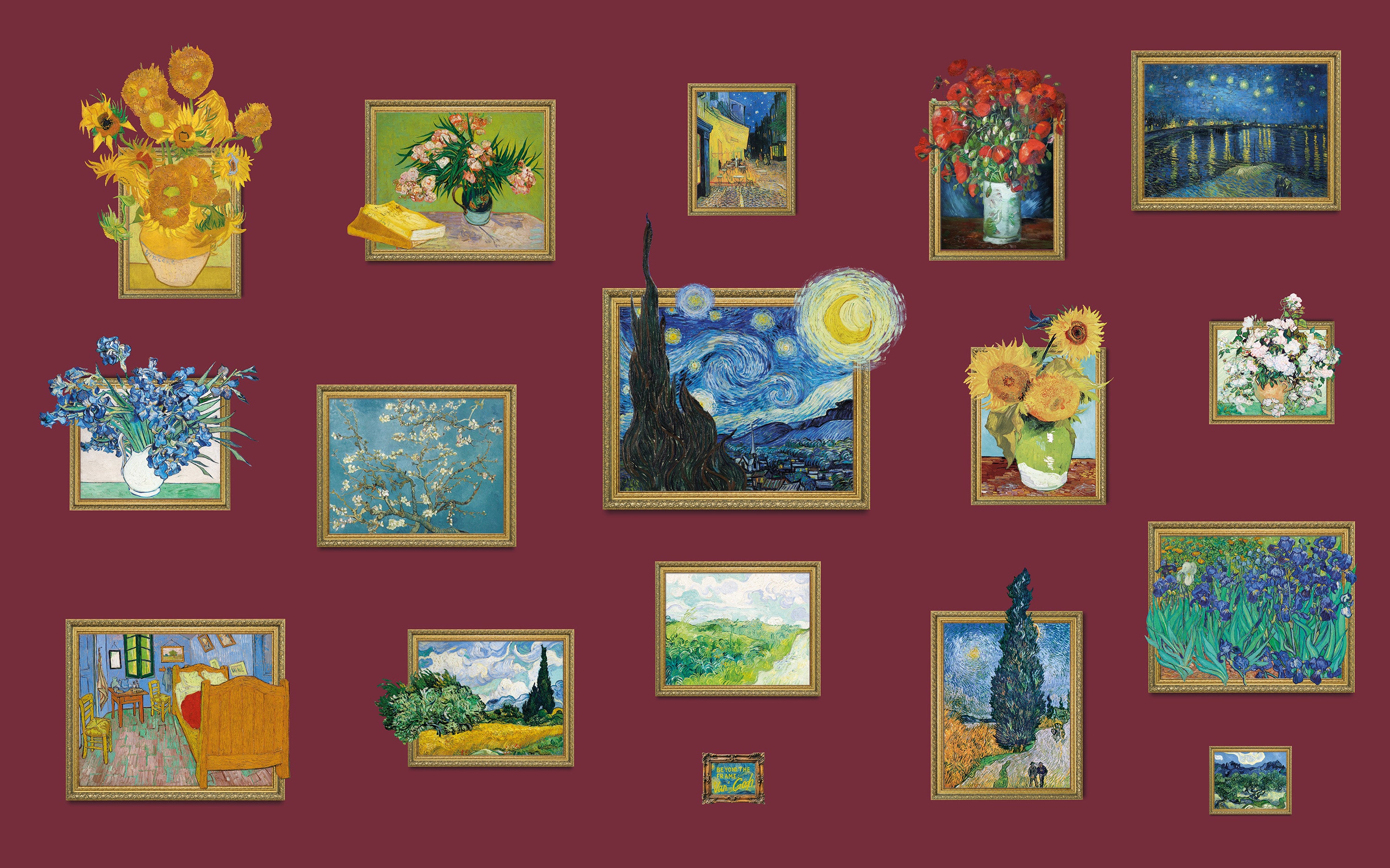 Collection of Van Gogh paintings on a red wall
