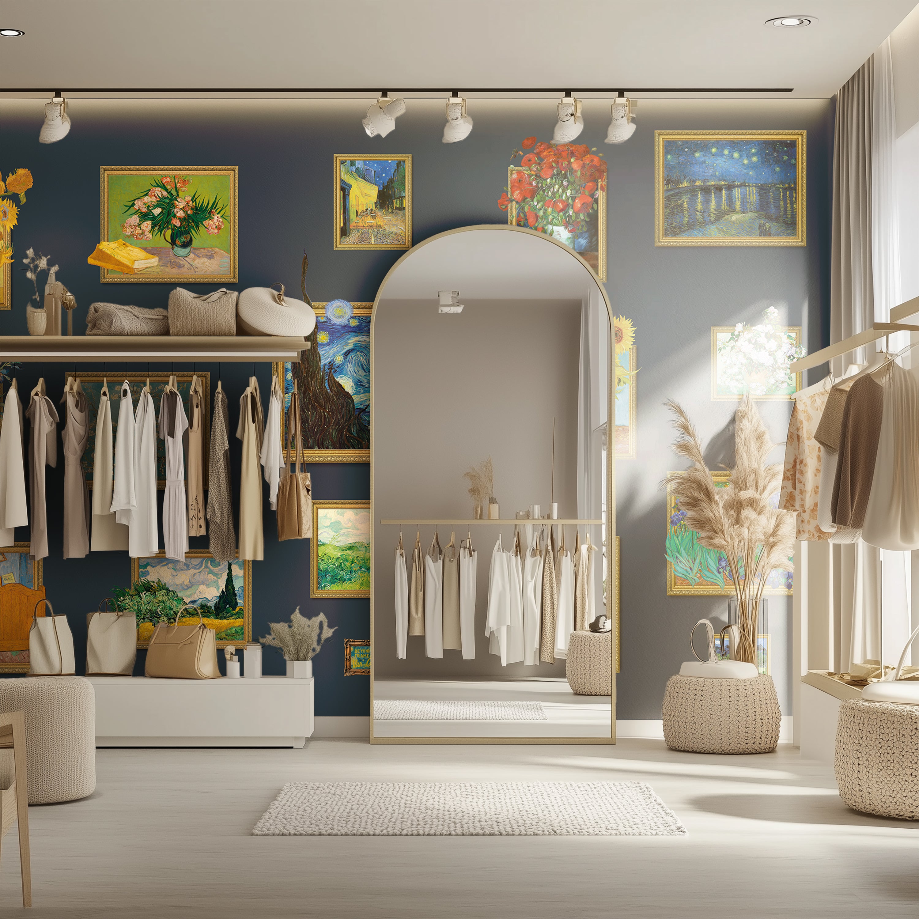 Modern clothing store interior with mirrors, racks, and decor.