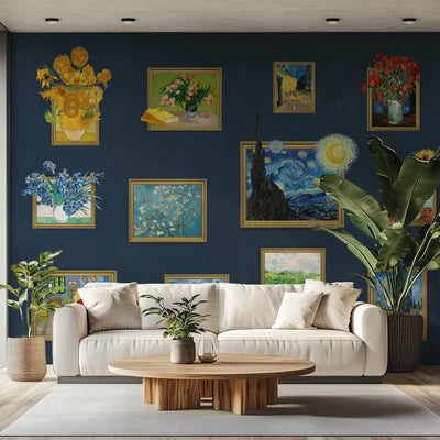 Living room with a blue wall featuring Van Gogh paintings and a white sofa.