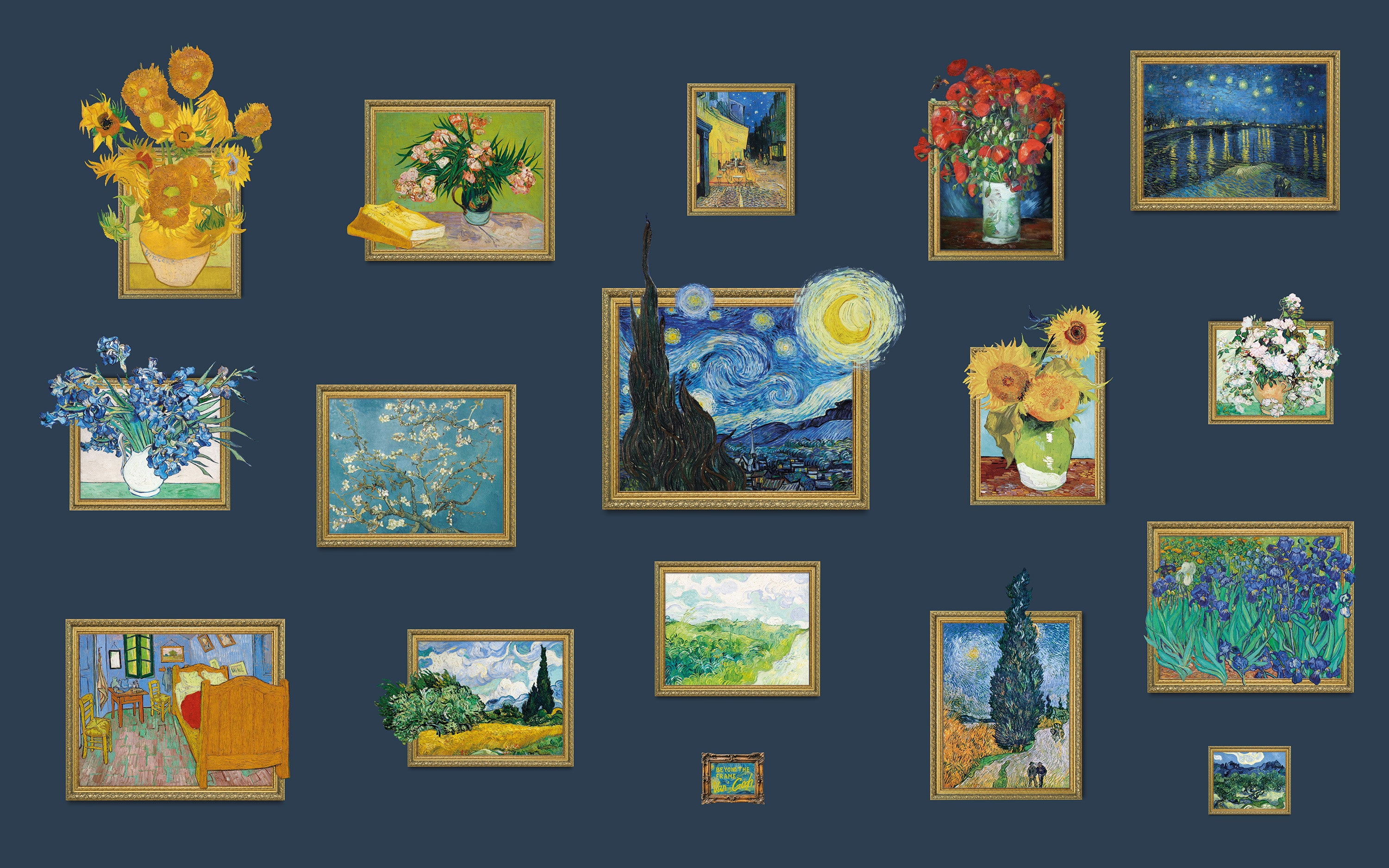 Collection of Van Gogh paintings displayed on a dark blue wall.