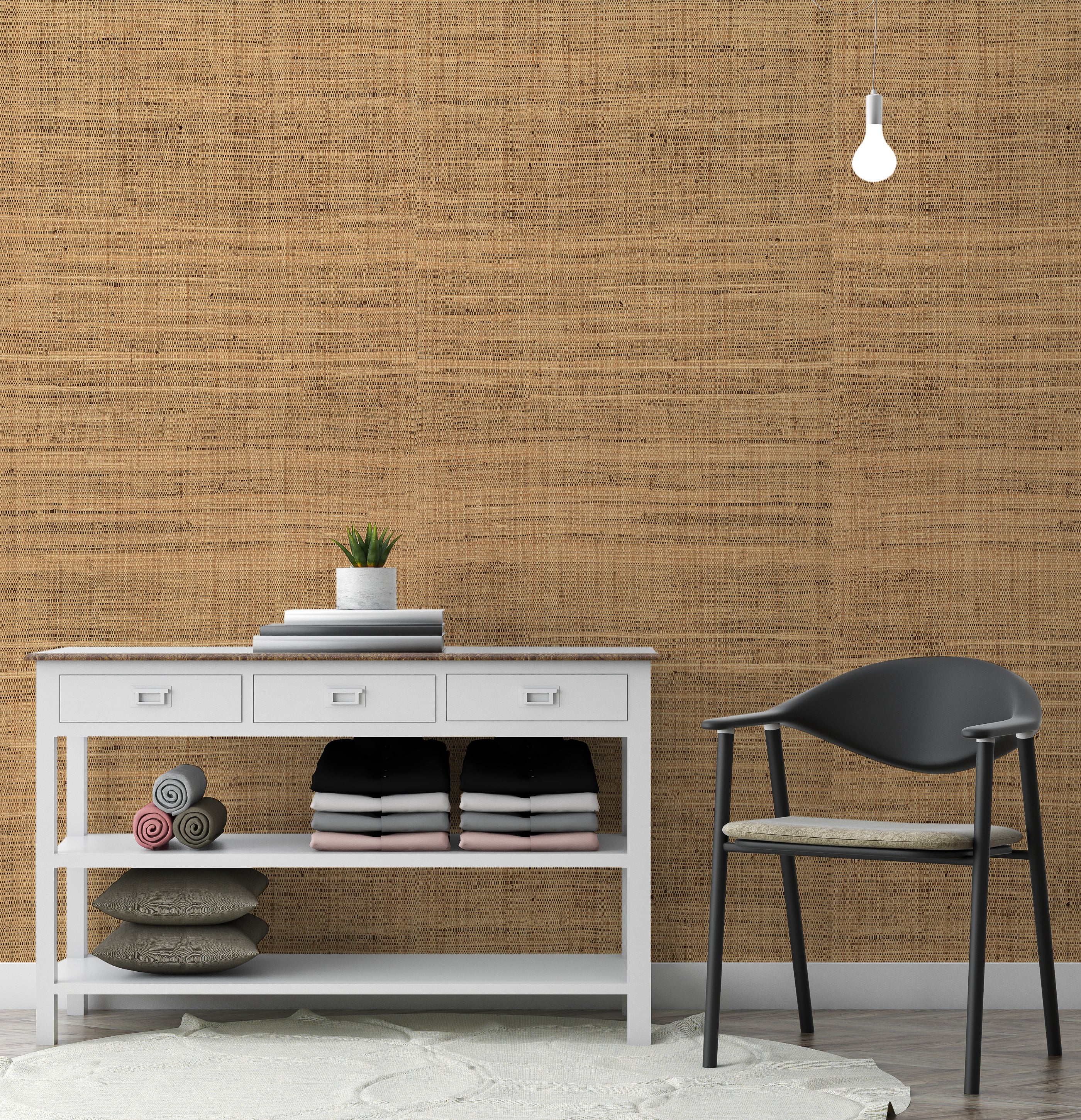 Canyon Path textured grasscloth wallcovering styled in a modern interior