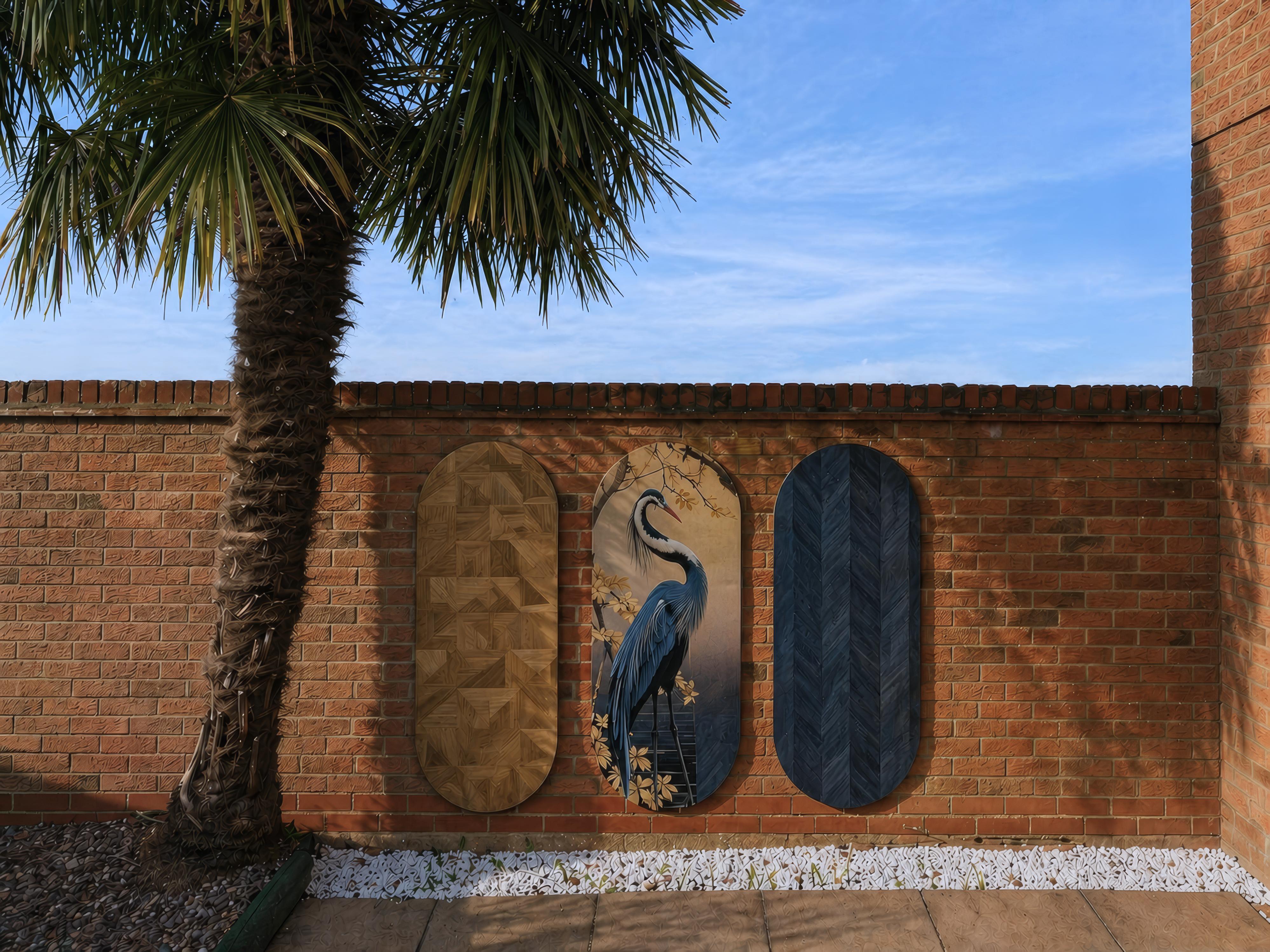 Three decorative panels on a brick wall with a palm tree and blue sky.