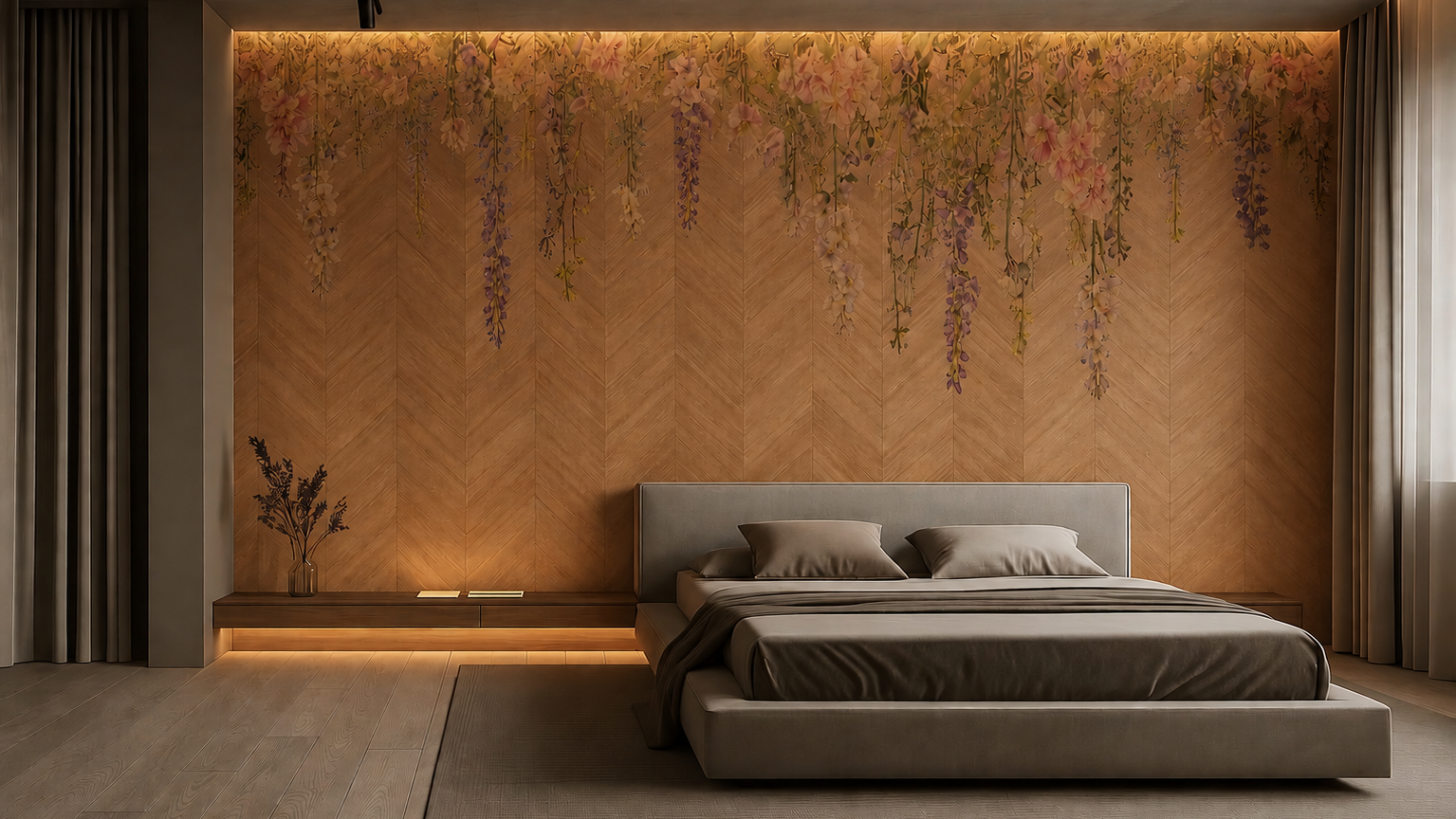 Modern bedroom with a bed against a wall with hanging plants and warm lighting.