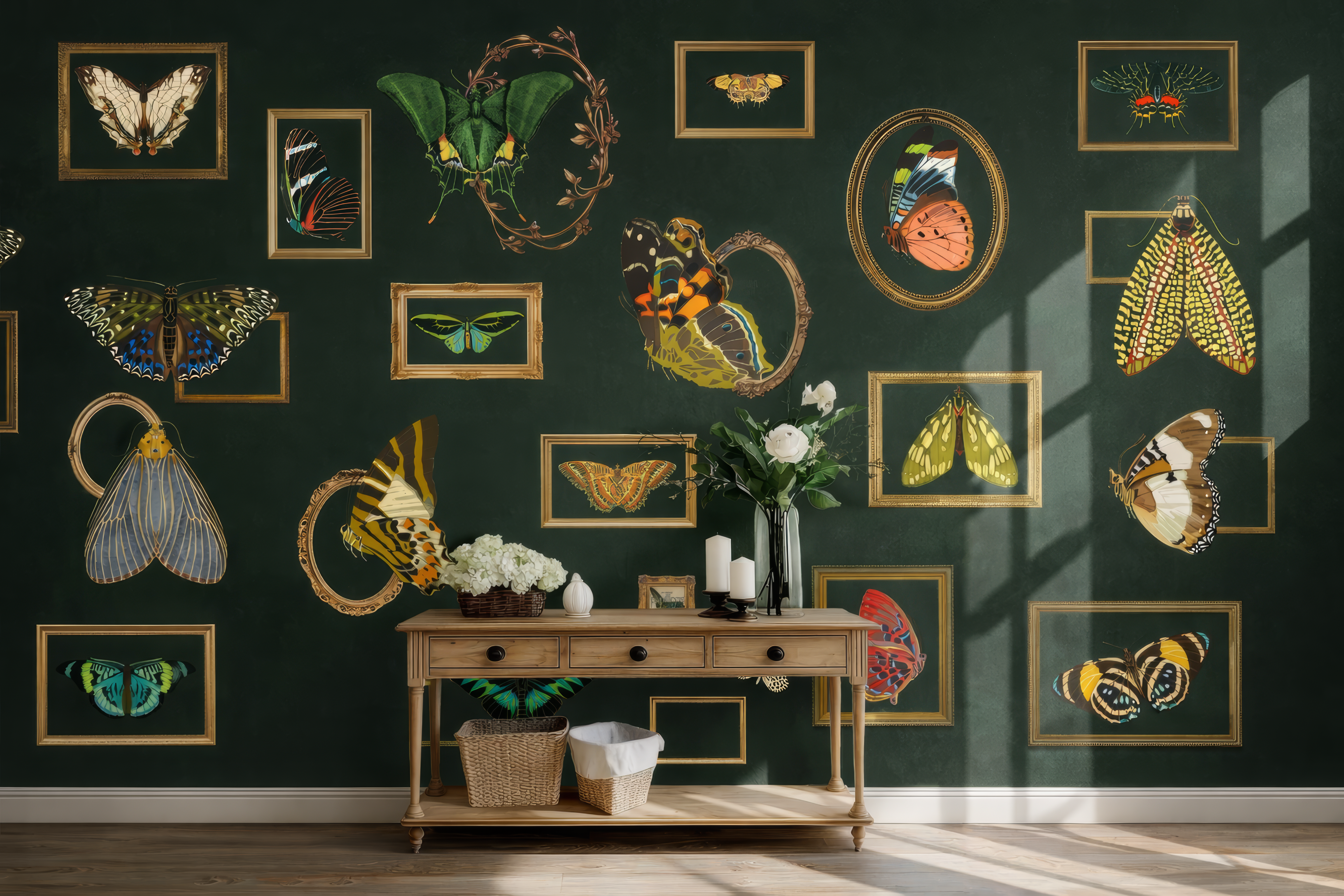 Wall with framed butterfly art pieces and a wooden console table with decorative items.