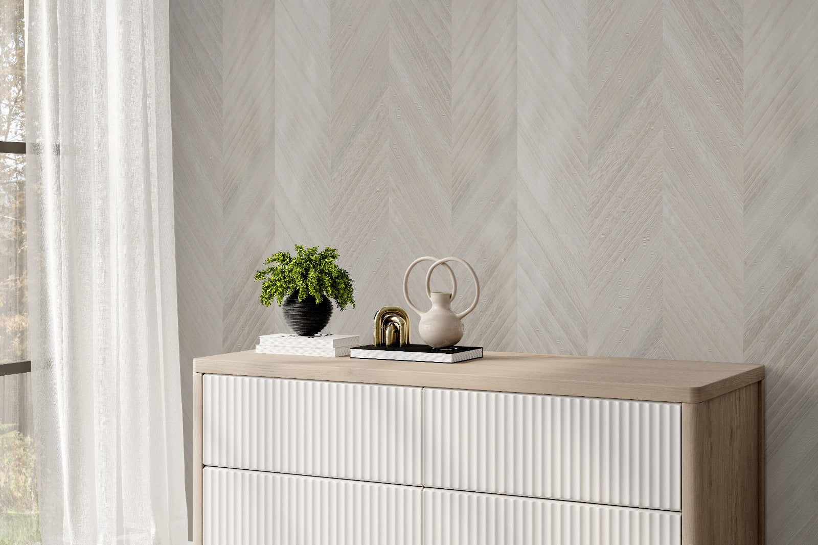 Cloud Chevron wood-effect wall panel styled in a modern interior