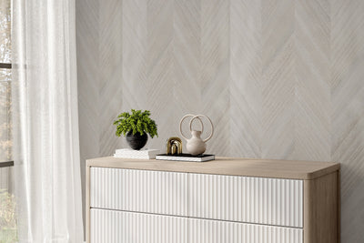 Cloud Chevron wood-effect wall panel styled in a modern interior