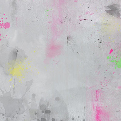 Abstract art with splashes of pink, yellow, and gray on a textured white background