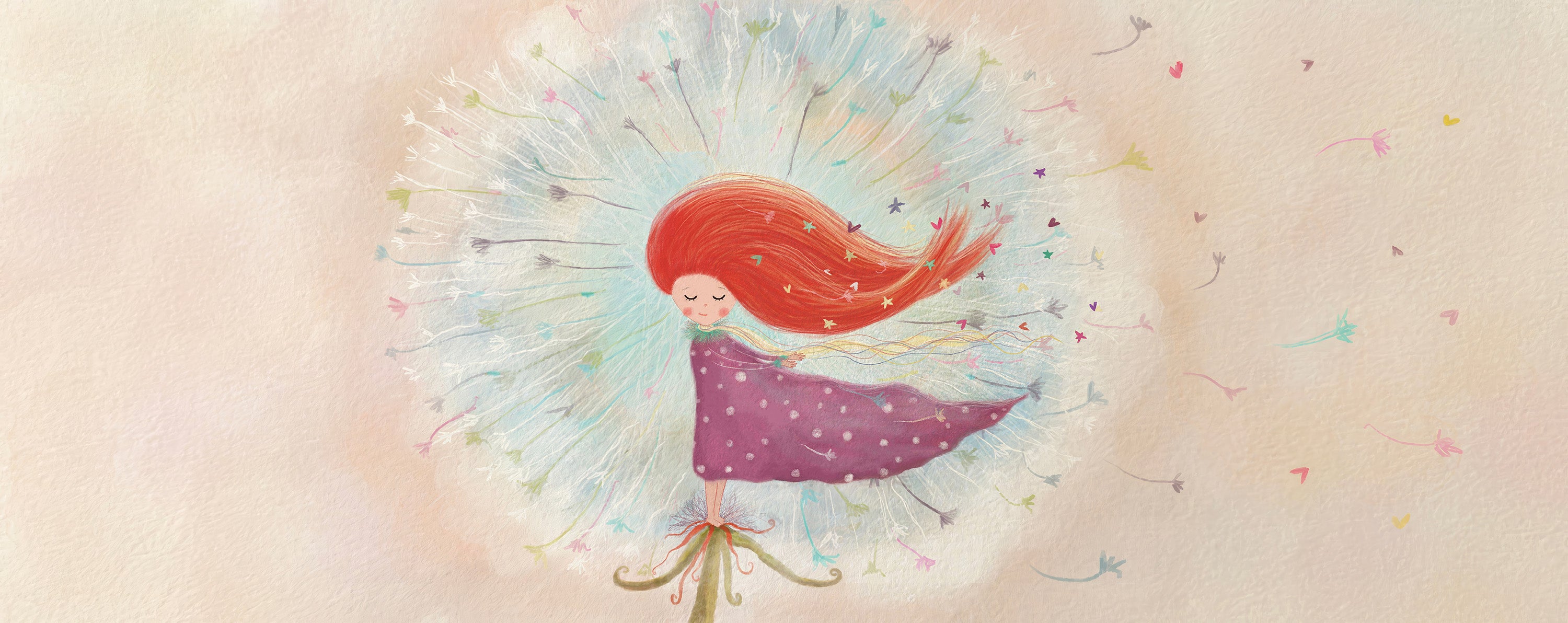Illustration of a girl with red hair and a purple dress against a light background