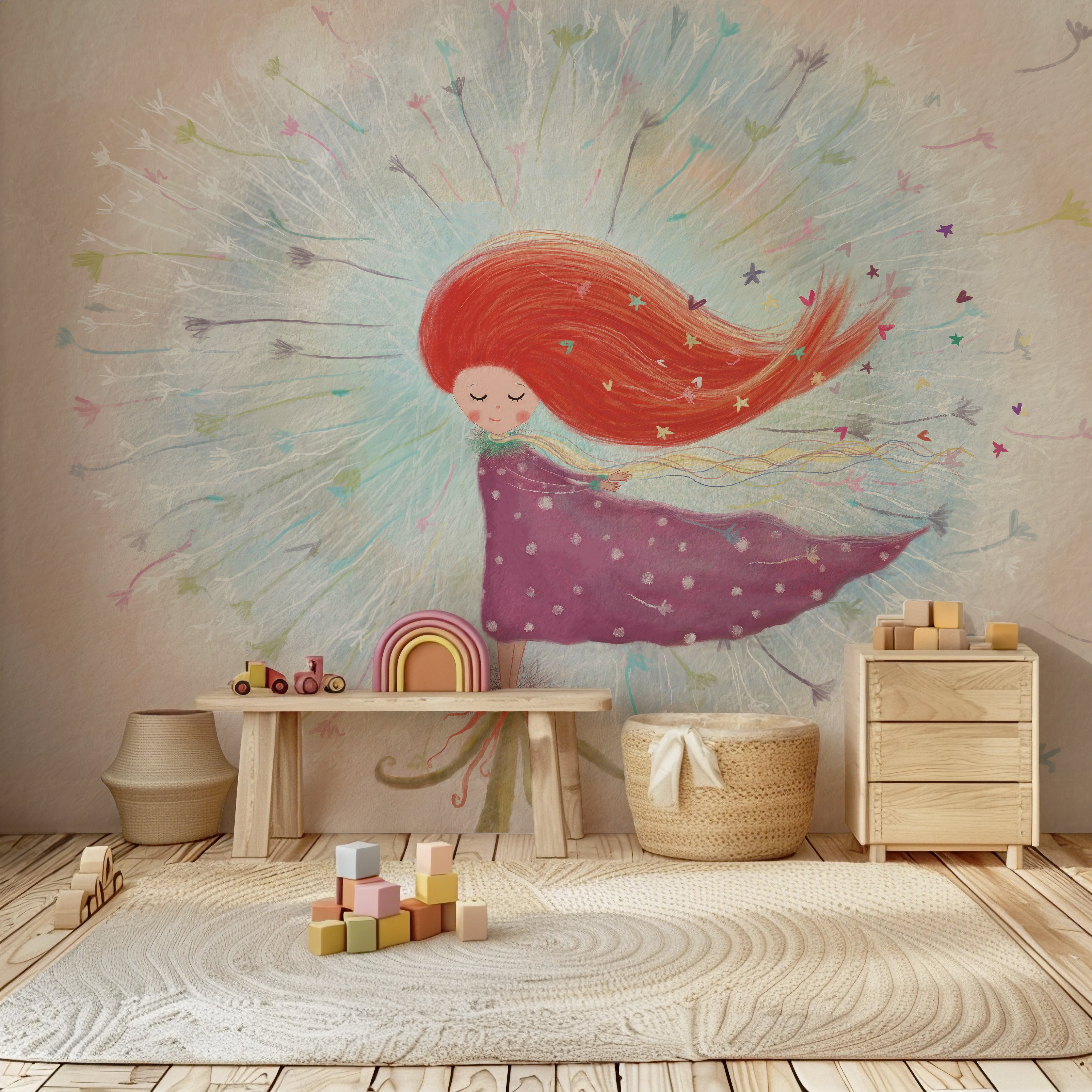 Children's room with a colorful wall mural of a girl with red hair, wooden furniture, and toys.
