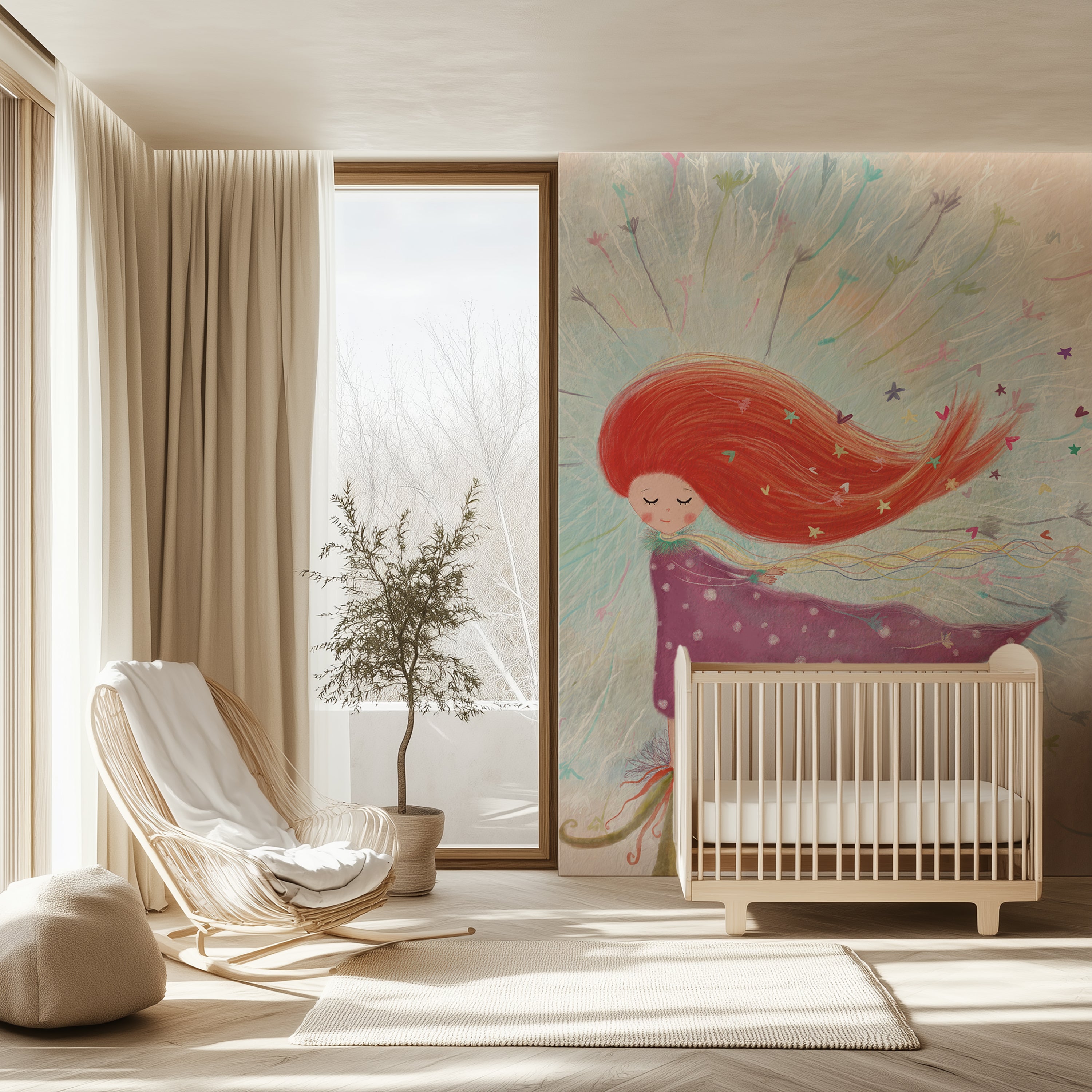 Modern nursery with a crib, chair, and wall mural of a girl with red hair.