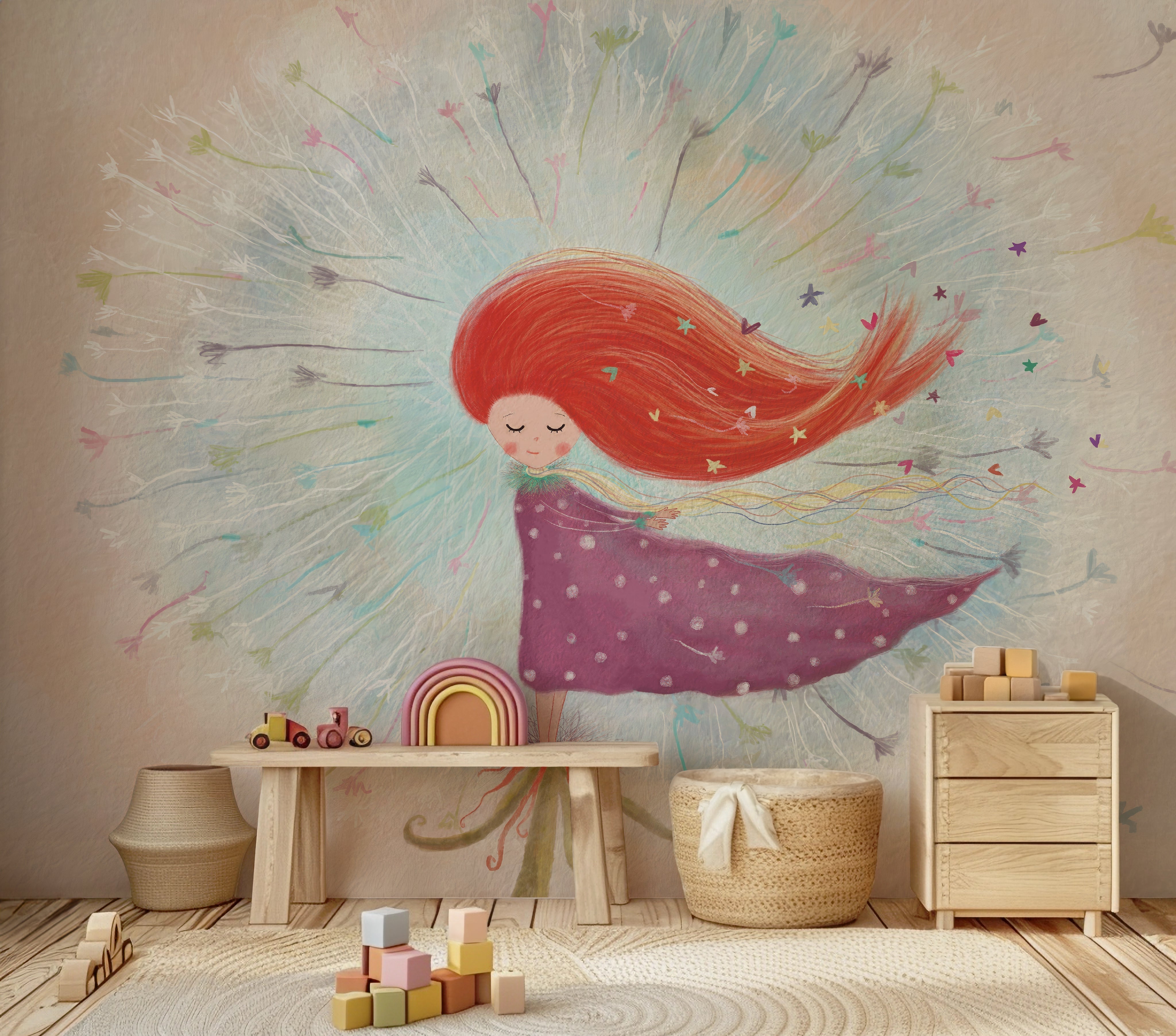 Children's room with a colorful wall mural of a girl with red hair, wooden furniture, and toys.