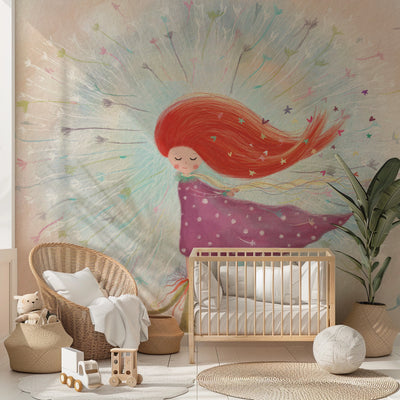 Children's room with a large wall mural of a girl with red hair, a crib, and decorative items.
