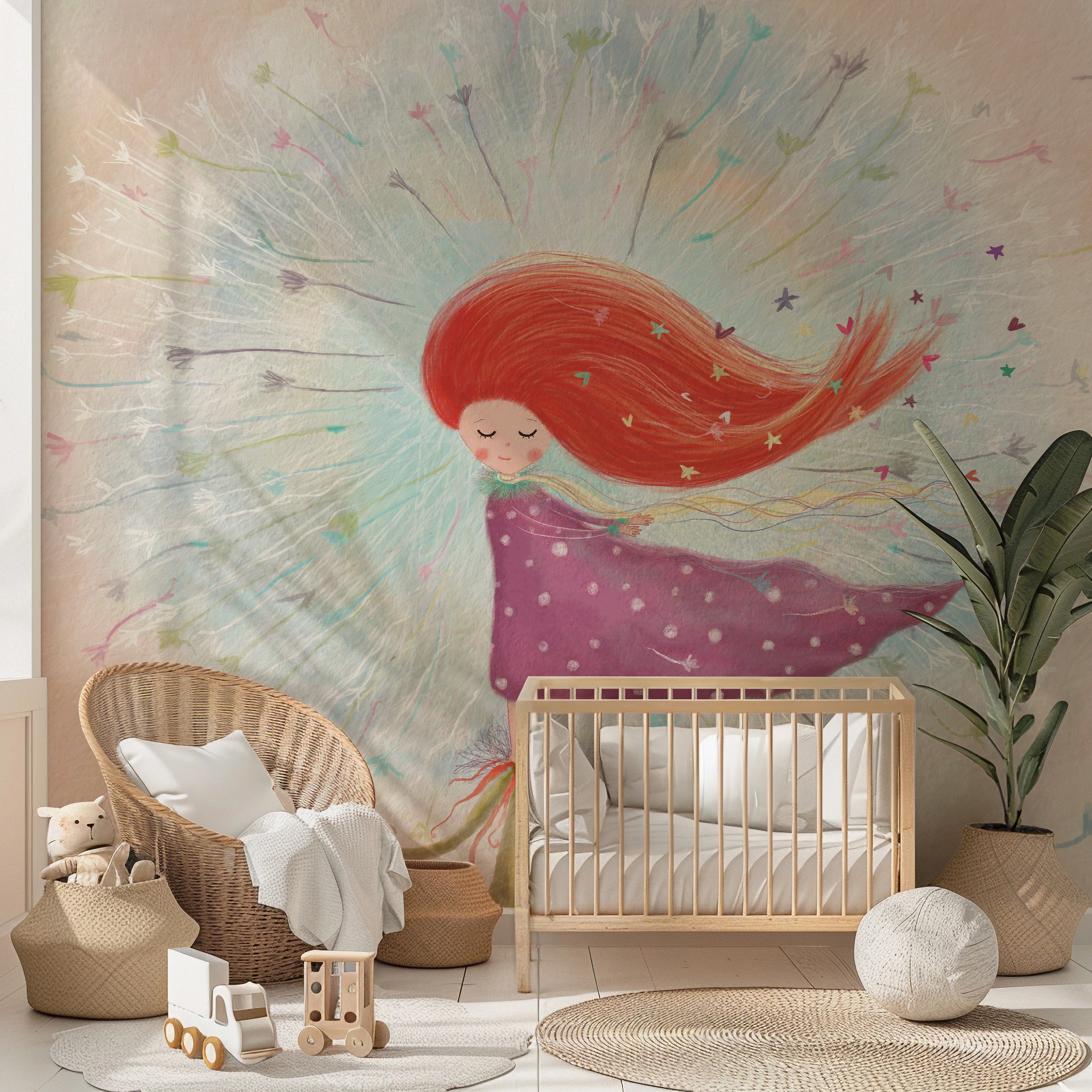 Children's room with a large wall mural of a girl with red hair, a crib, and decorative items.