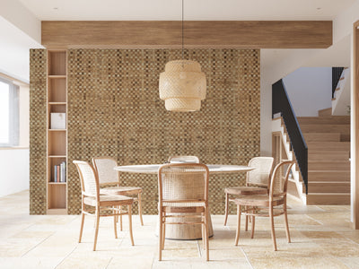 Earth Tile textured grasscloth wallcovering styled in a modern interior