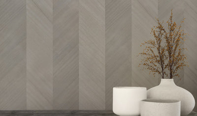 Ebony Chevron wood-effect wall panel styled in a modern interior
