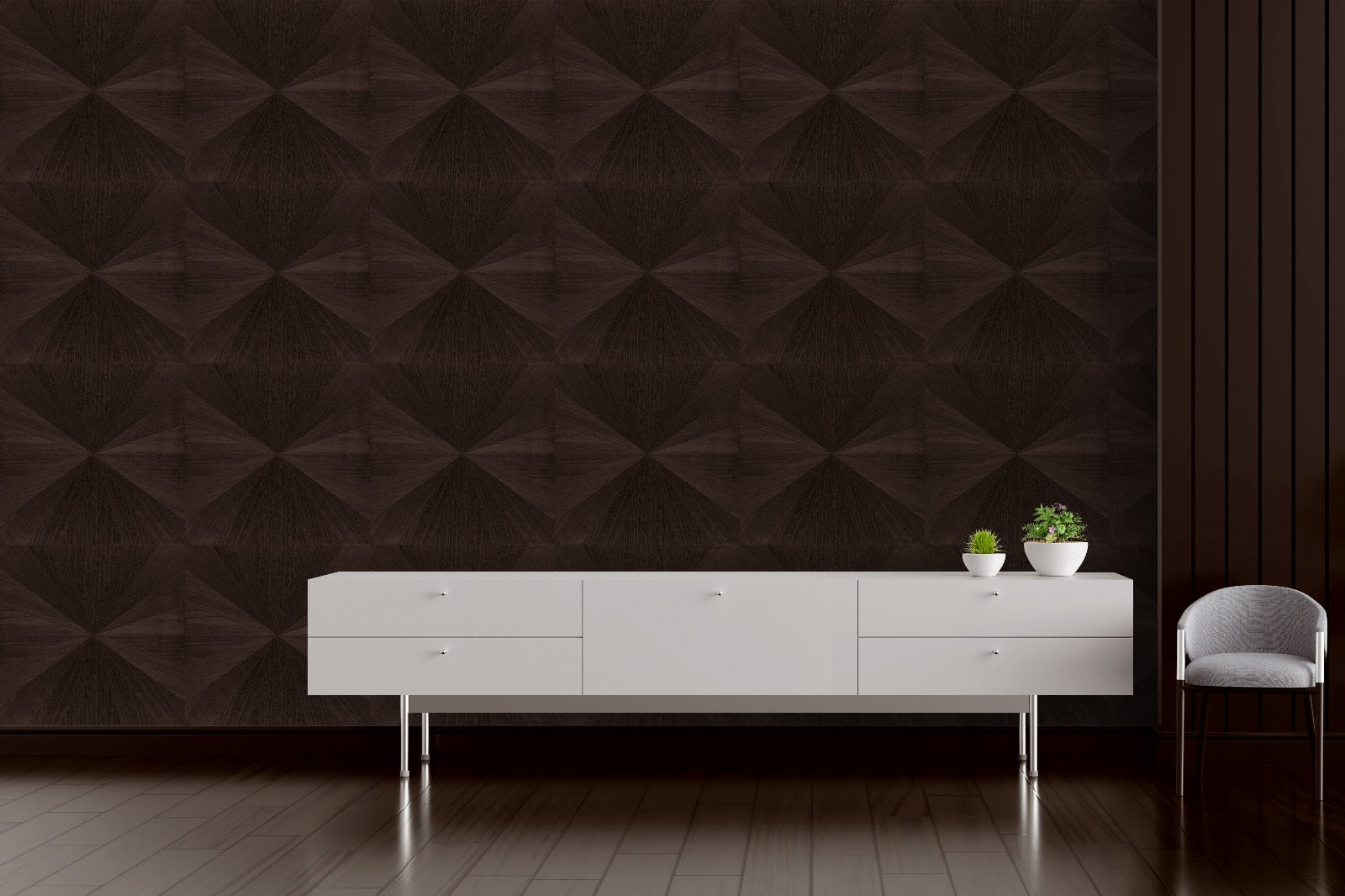Espresso Edge wood-effect wall panel styled in a modern interior