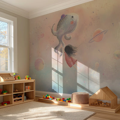 Children's room with wall mural of a girl and fish, toys on shelves, and a wooden house.