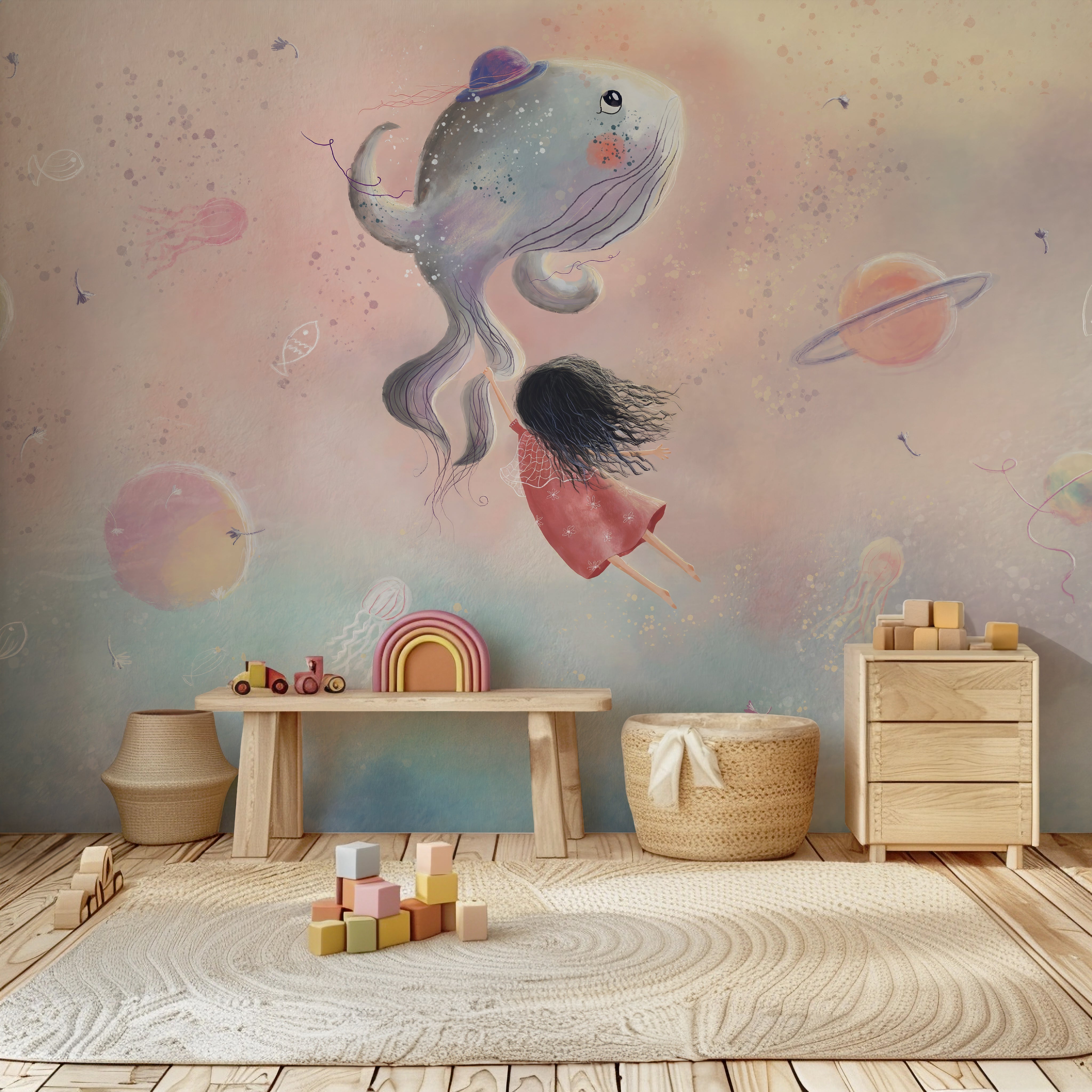 Children's room with a large wall mural of a girl and a fish, wooden furniture, and toys.
