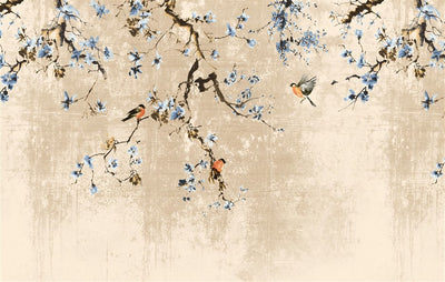 Decorative wallpaper with floral branches and birds on a textured beige background