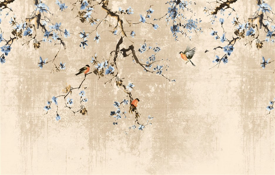 Decorative wallpaper with floral branches and birds on a textured beige background