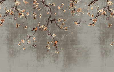 Cherry blossom branches with flowers and birds on a textured gray background