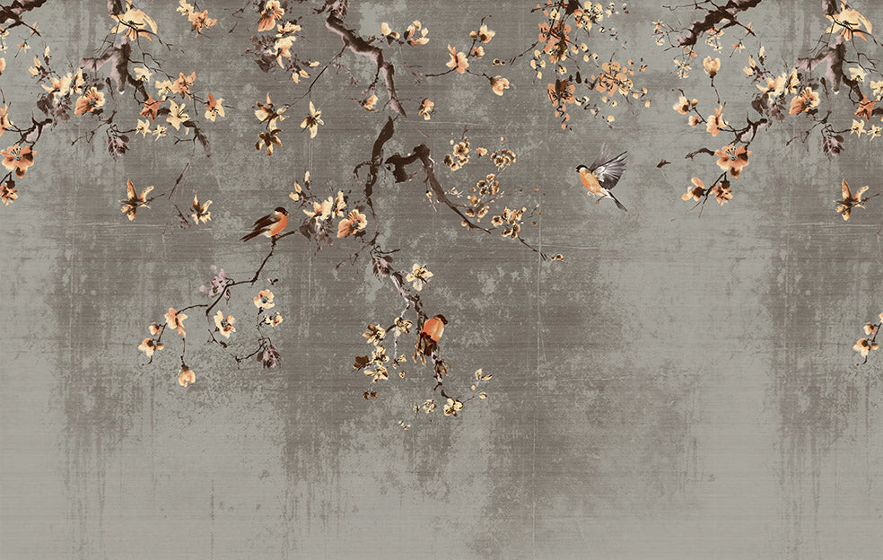 Cherry blossom branches with flowers and birds on a textured gray background