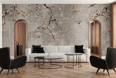 Modern living room with a large floral wall mural and minimal furniture.