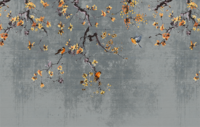 Decorative wallpaper with birds and flowers on a textured gray background